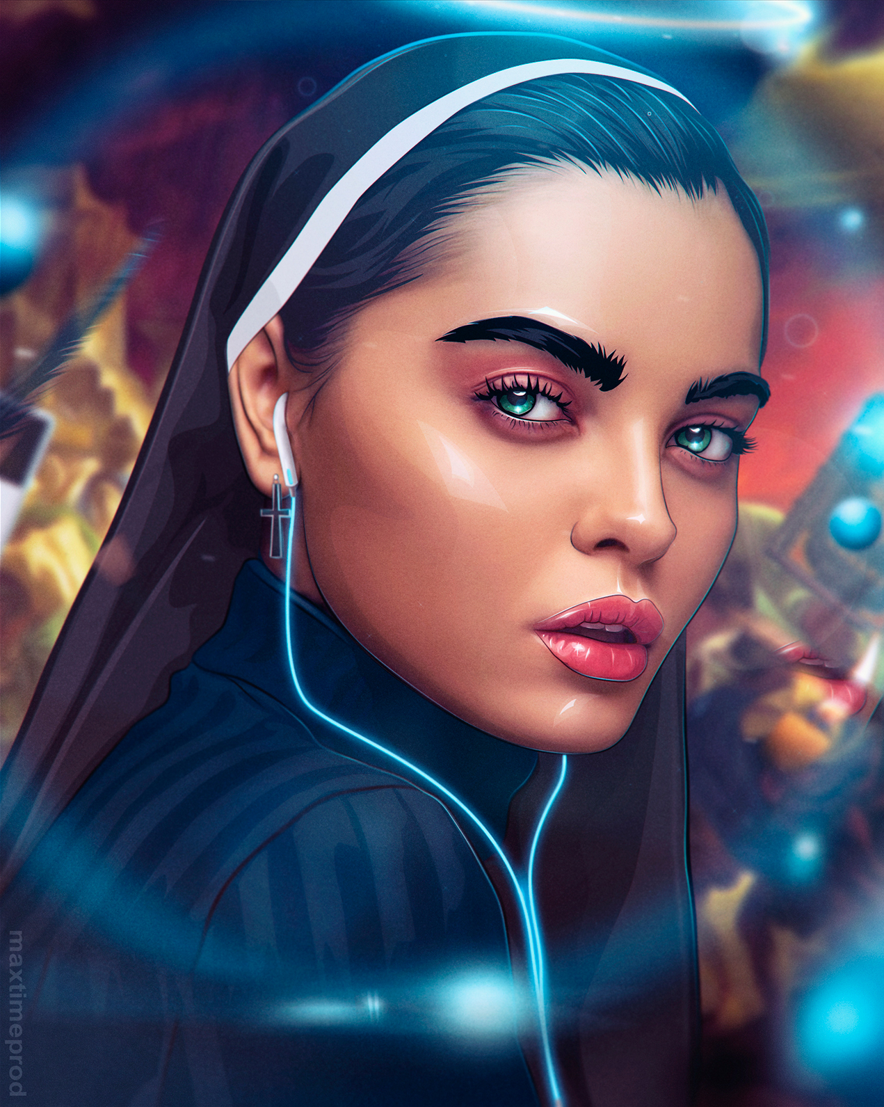 Digital art portrait of a woman with headphones HD Wallpaper