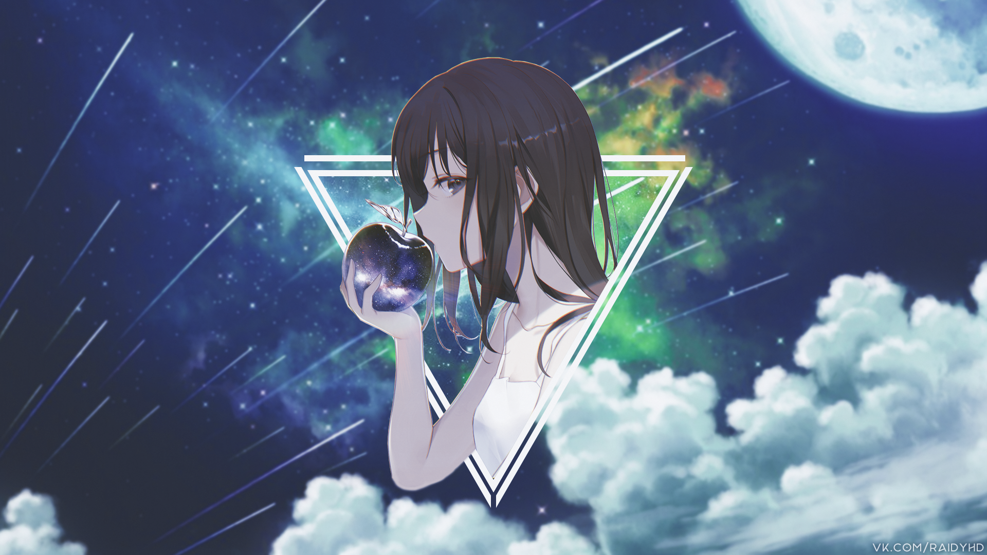 Anime girl holding a galaxy apple in front of a starry sky HD Wallpaper