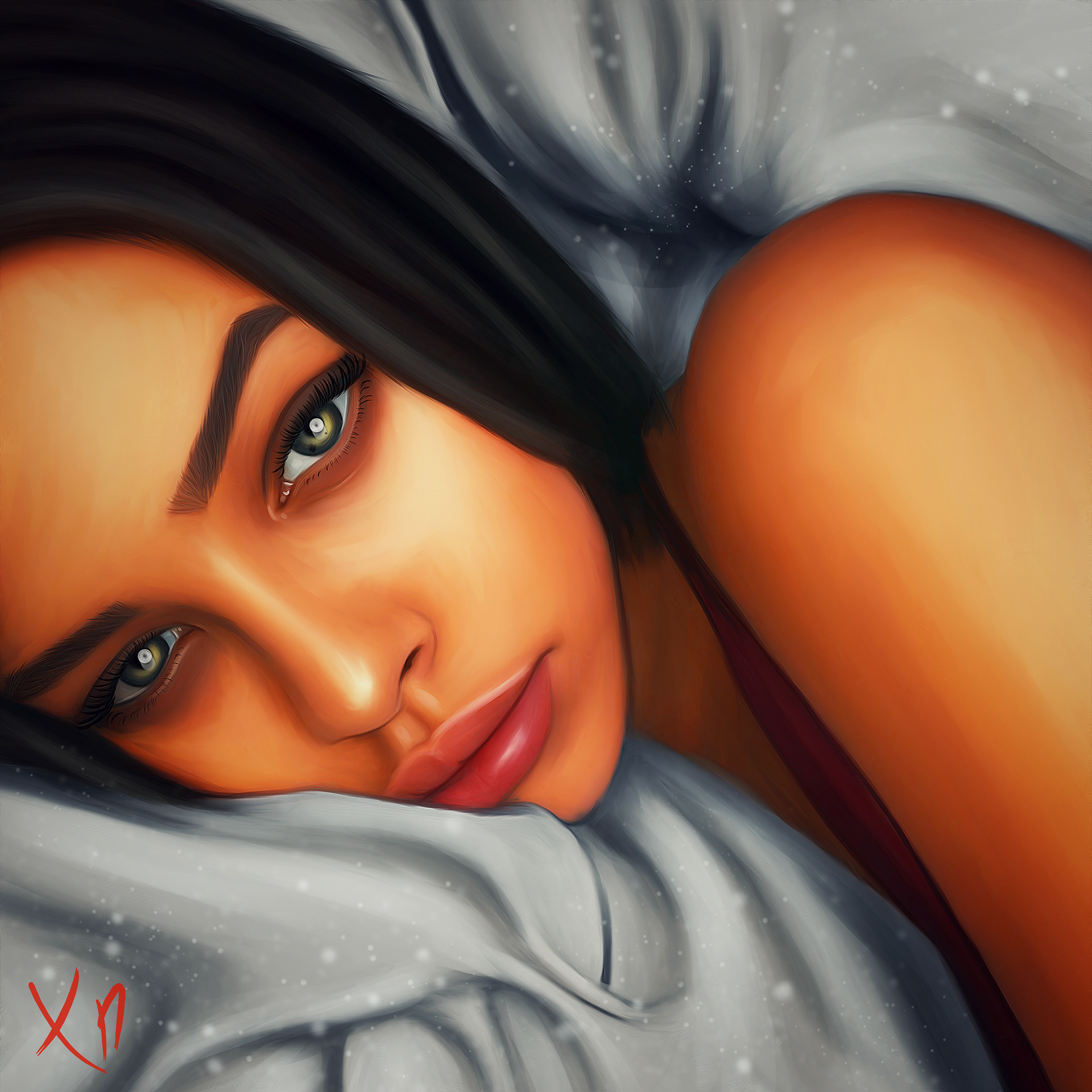 Woman lying in bed, looking at viewer HD Wallpaper