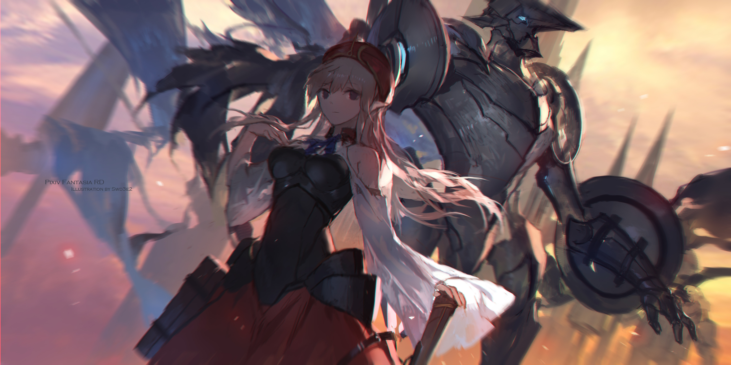 Anime girl with blonde hair and a robot HD Wallpaper
