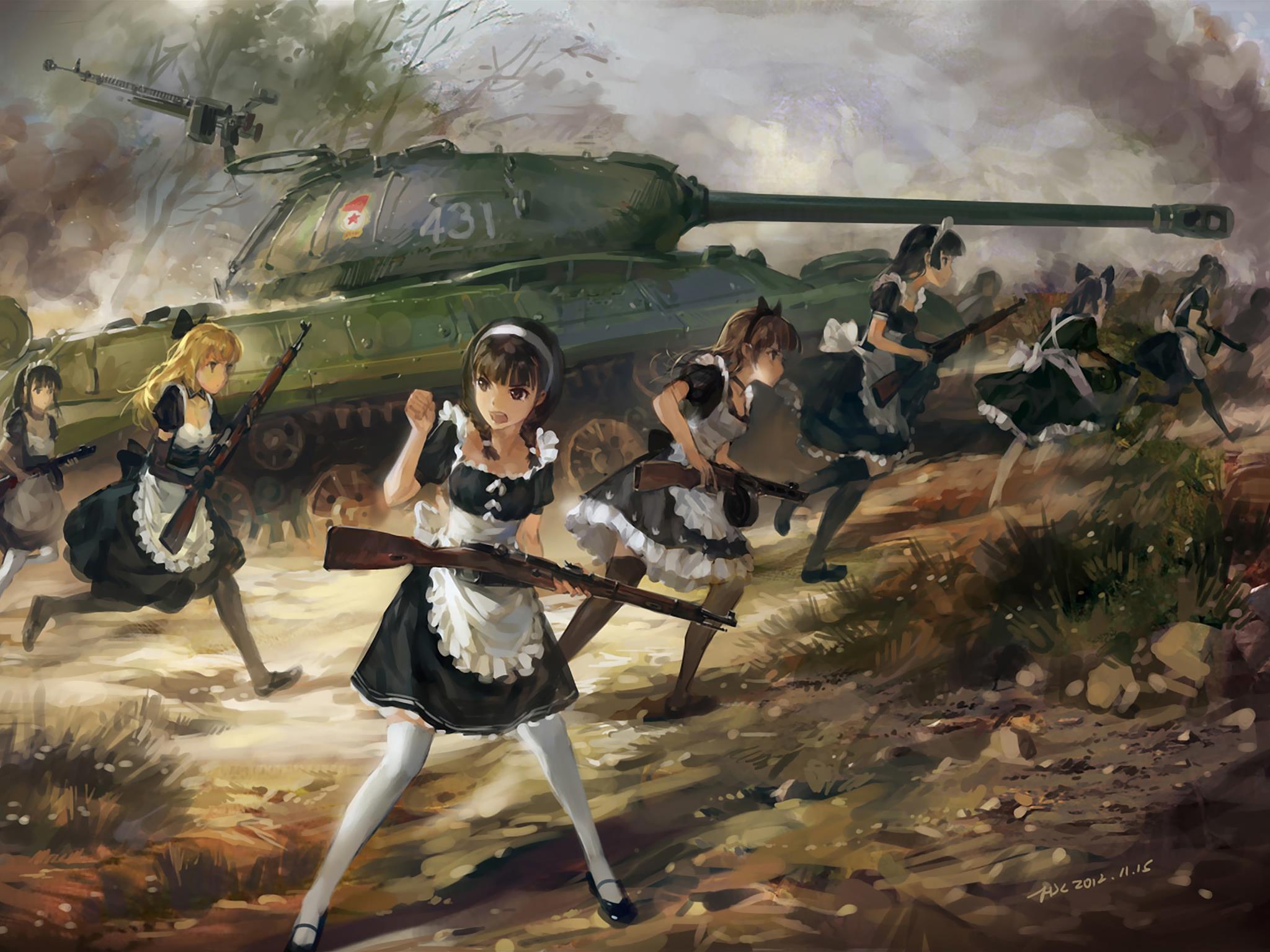 Maids in Maid Outfits with a Tank HD Wallpaper