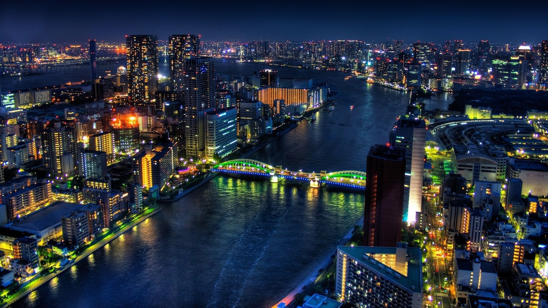 Night view of Tokyo cityscape with a river and bridge HD Wallpaper