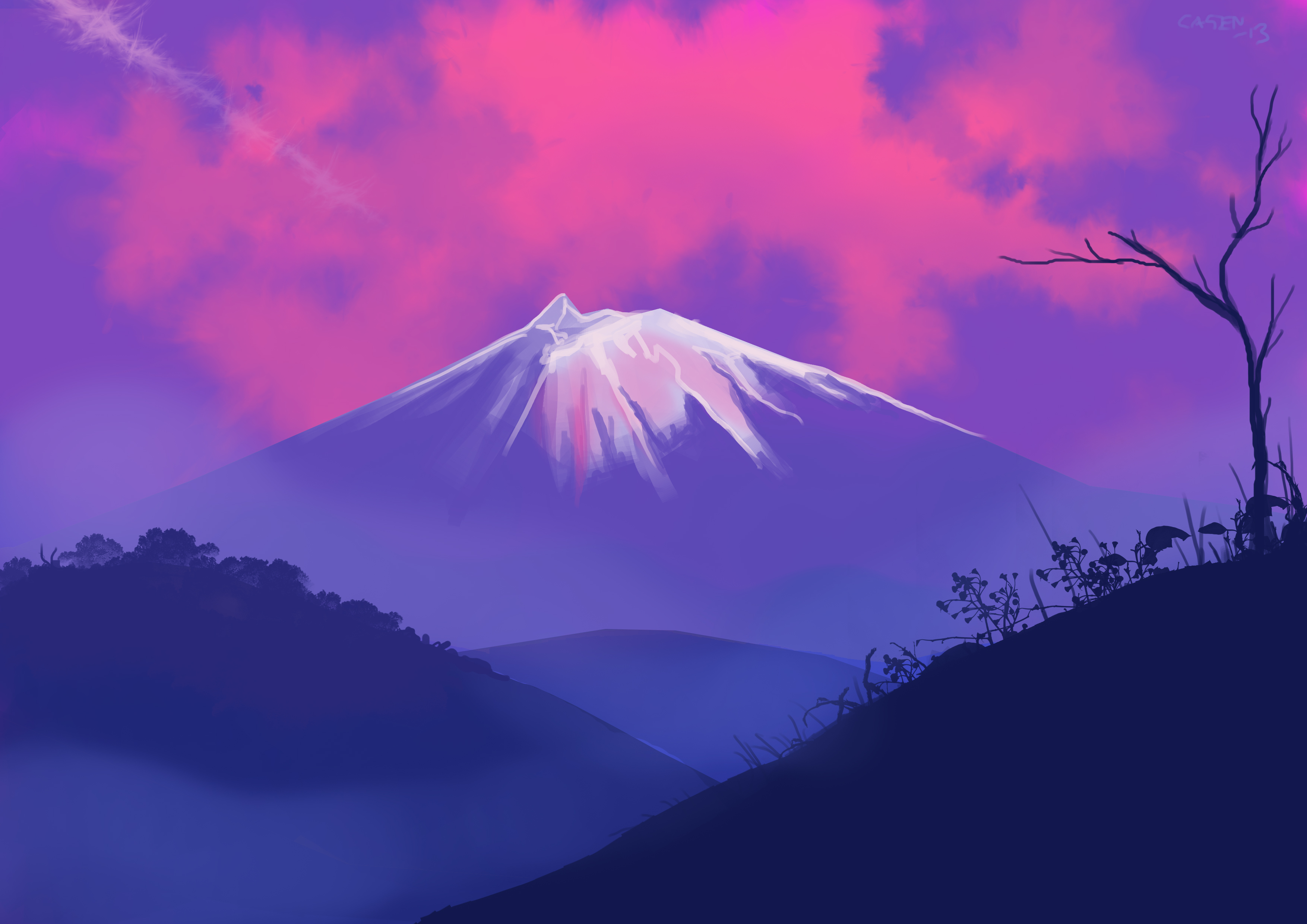 Digital painting of a snowy mountain peak at sunset HD Wallpaper