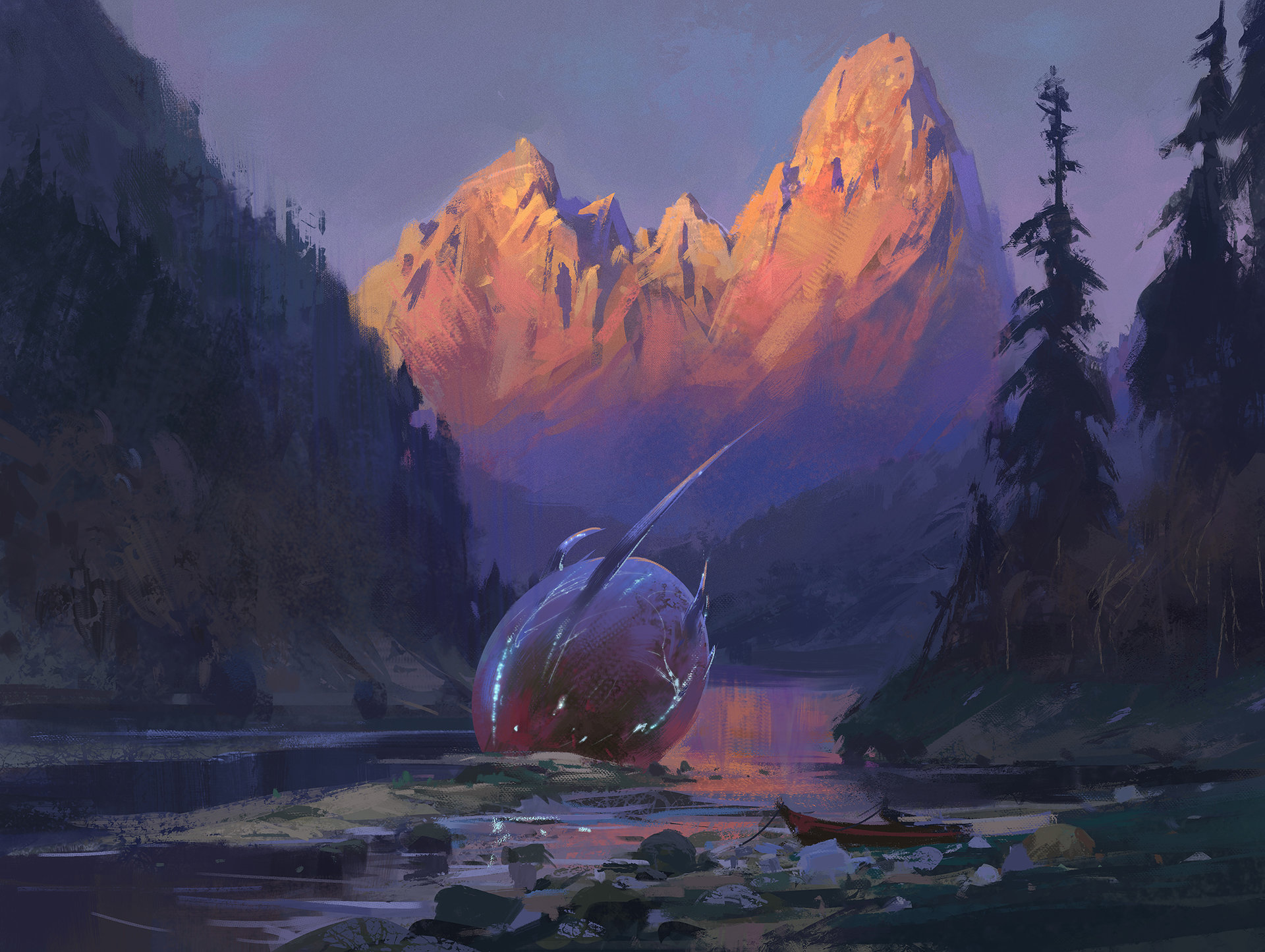 Alien object in a mountain lake at sunset HD Wallpaper