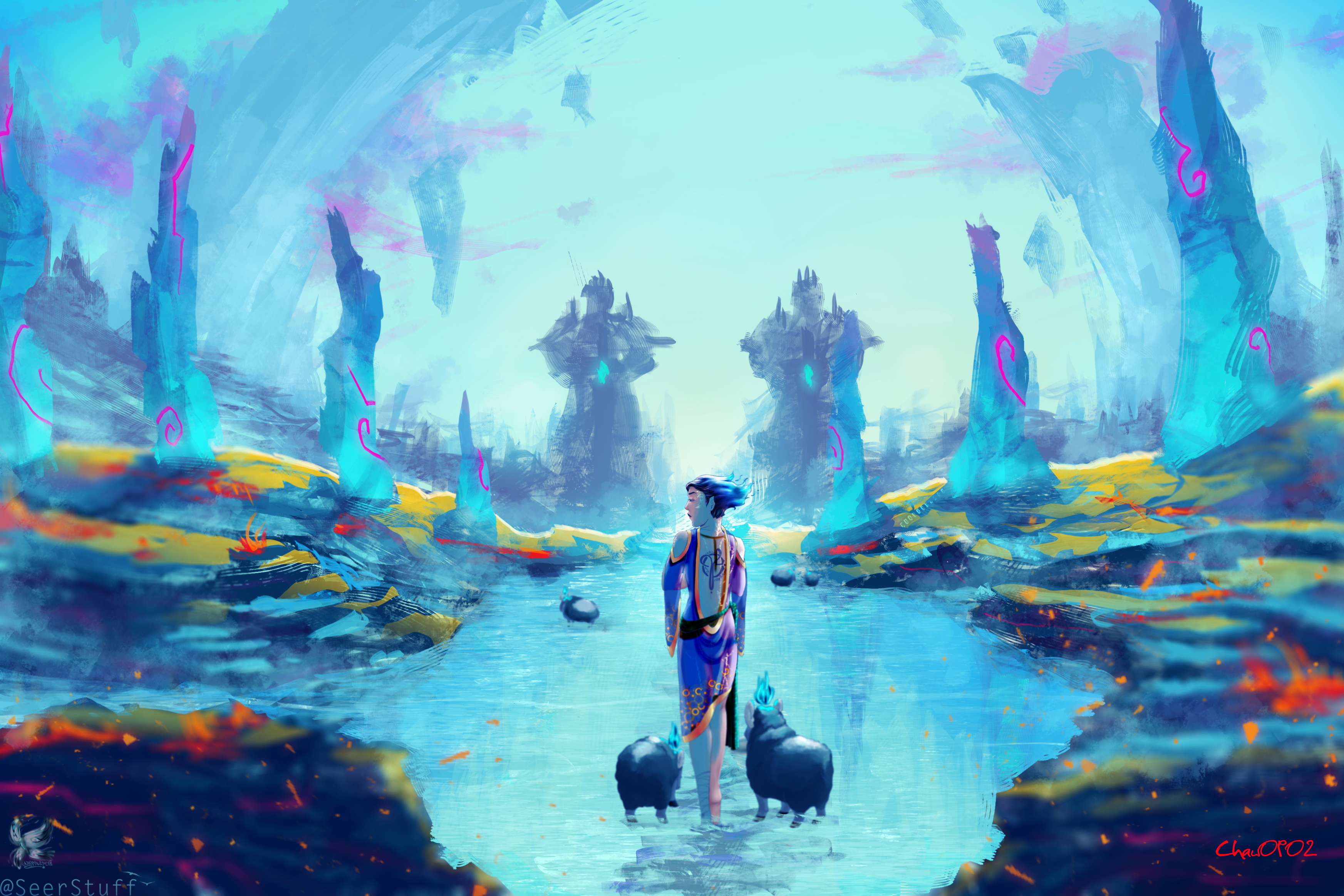 Fantasy art of a person with two creatures in a colorful alien landscape HD Wallpaper