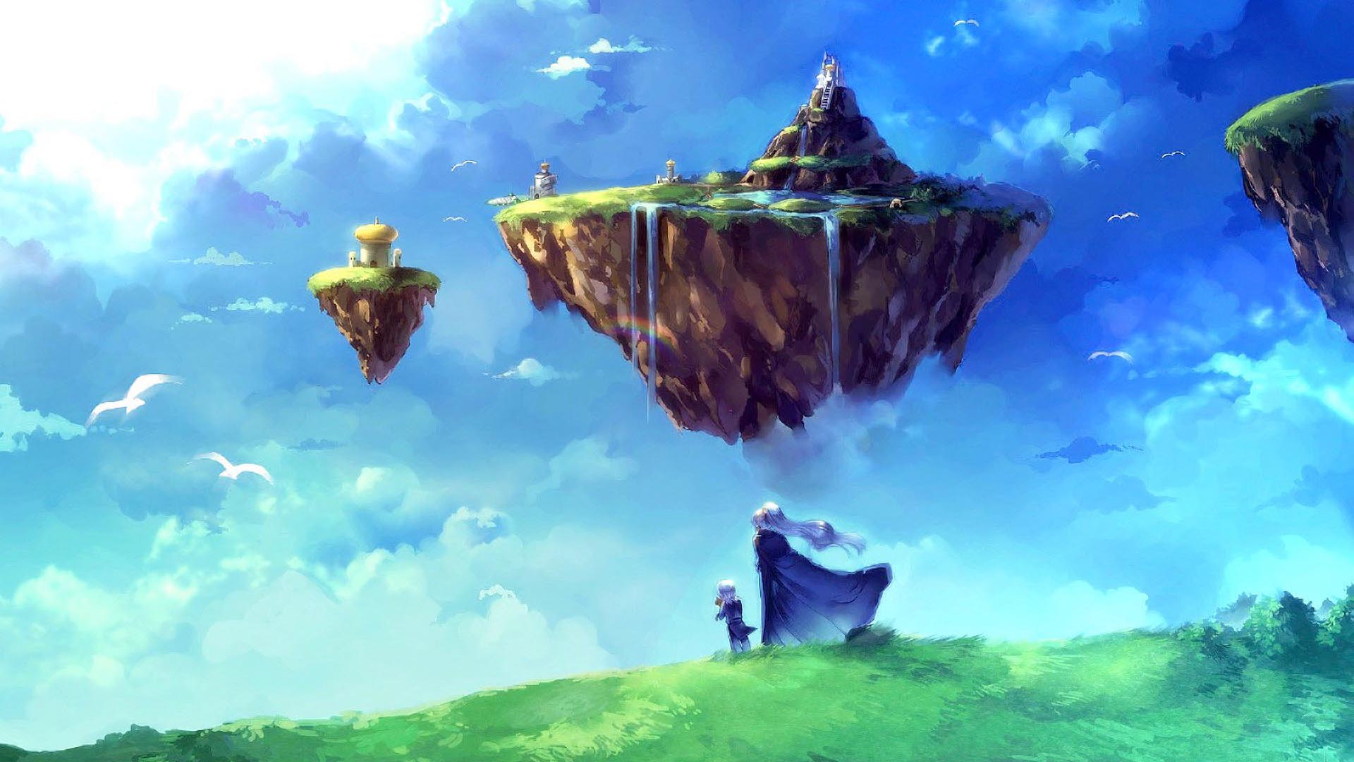Chrono Trigger: Two figures on a grassy hill overlooking floating islands HD Wallpaper