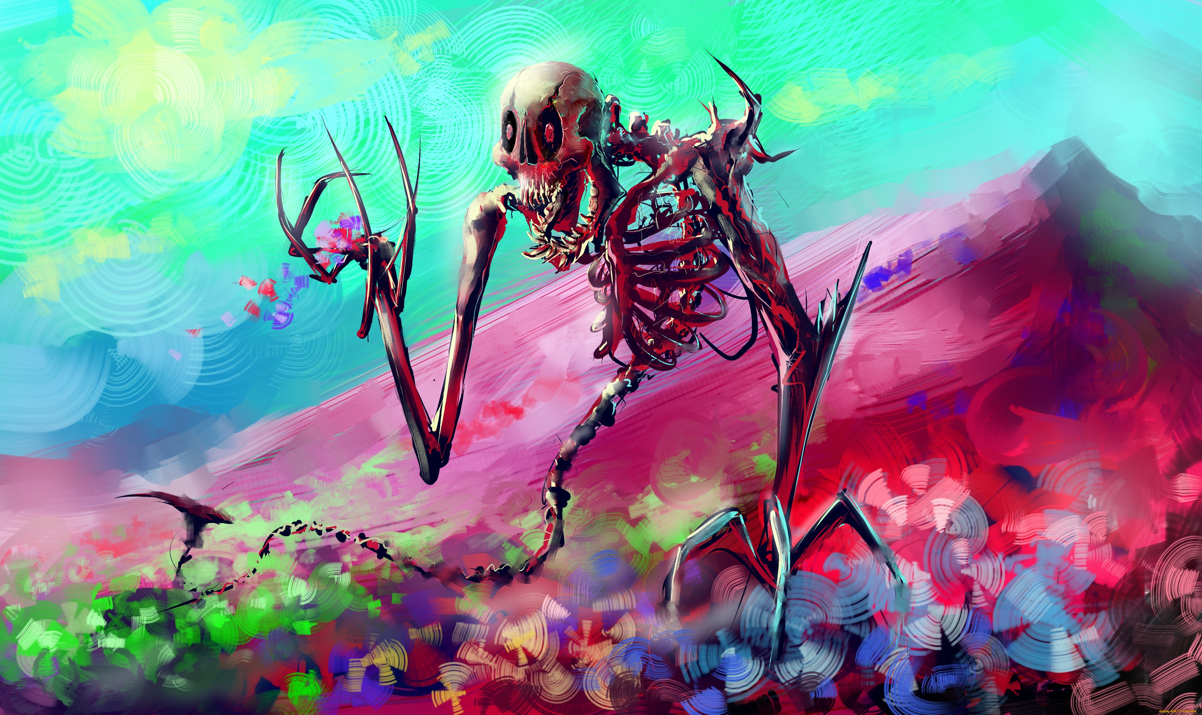 Skeleton creature in a colorful, abstract landscape with mountains HD Wallpaper