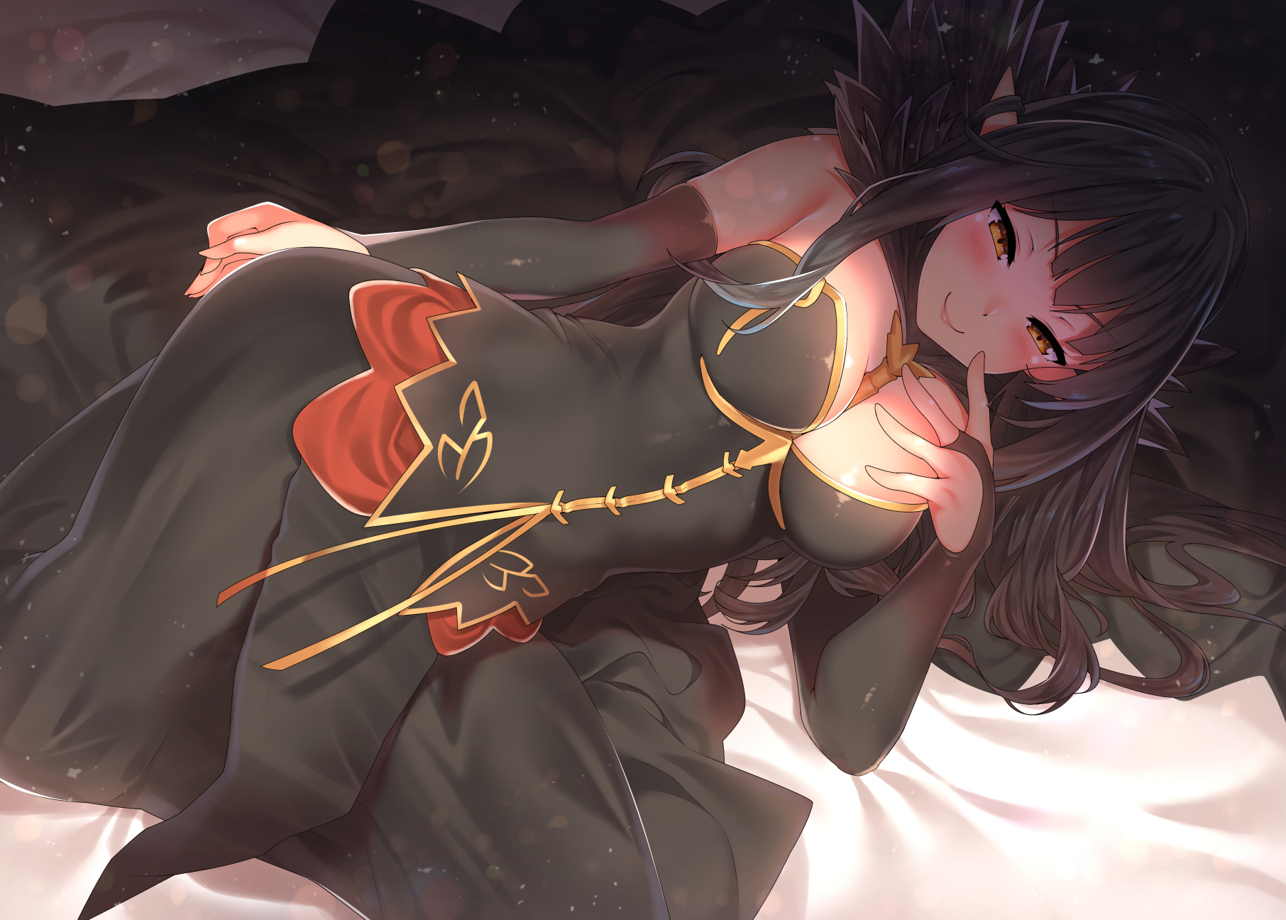 white background, elbow gloves, Assassin of Red (Semiramis) (FateApocrypha), FateApocrypha, gloves, cleavage, FateGrand Order, blushing, black hair HD Wallpaper