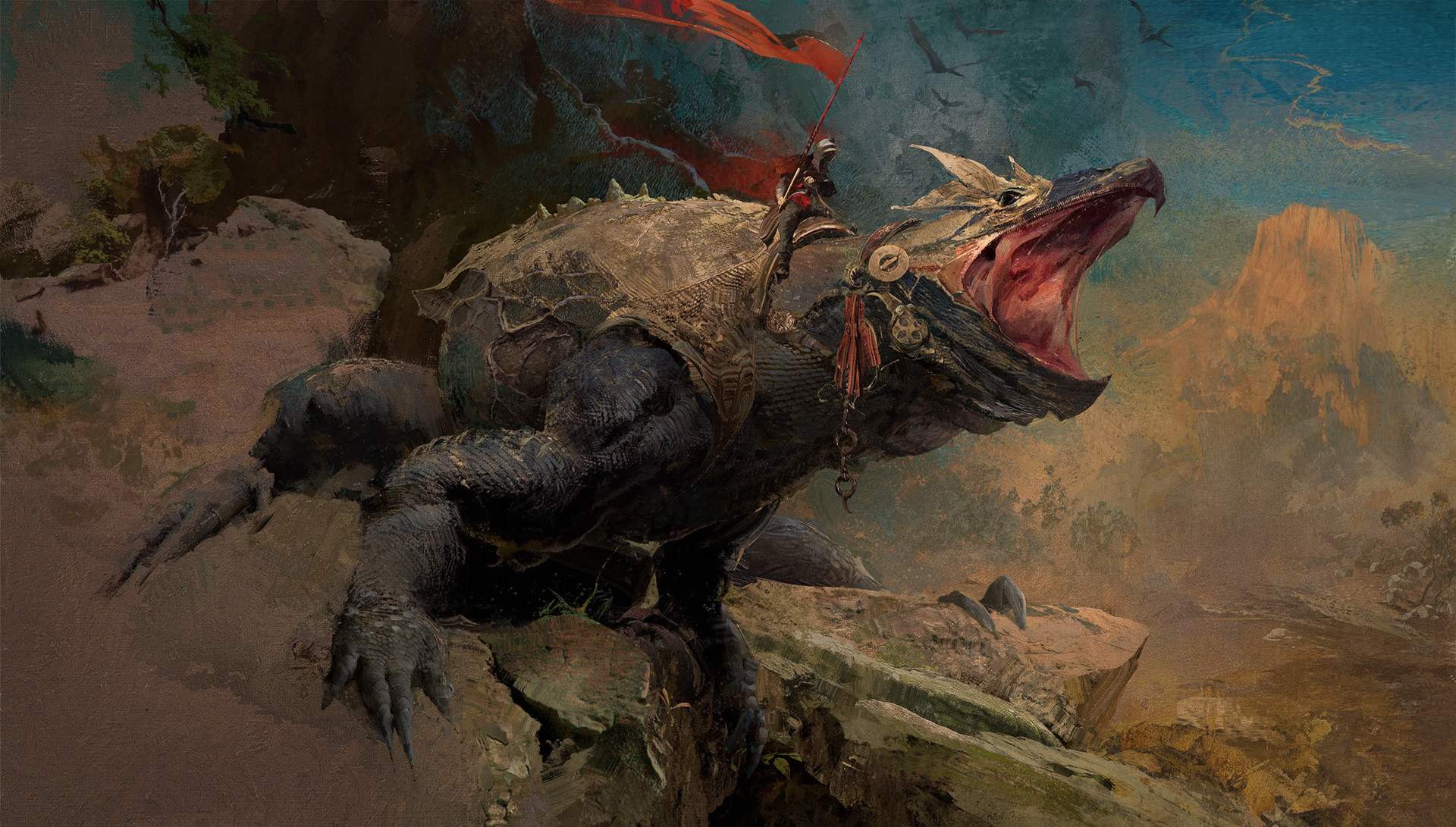 Knight riding a dragon with a red flag HD Wallpaper