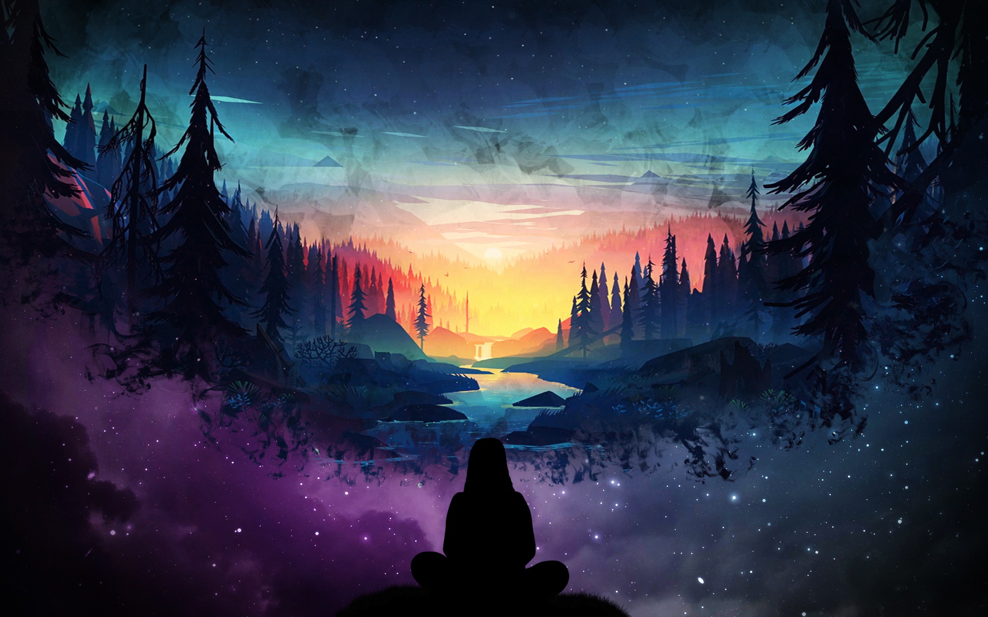 Silhouette meditating in a colorful forest landscape HD Wallpaper