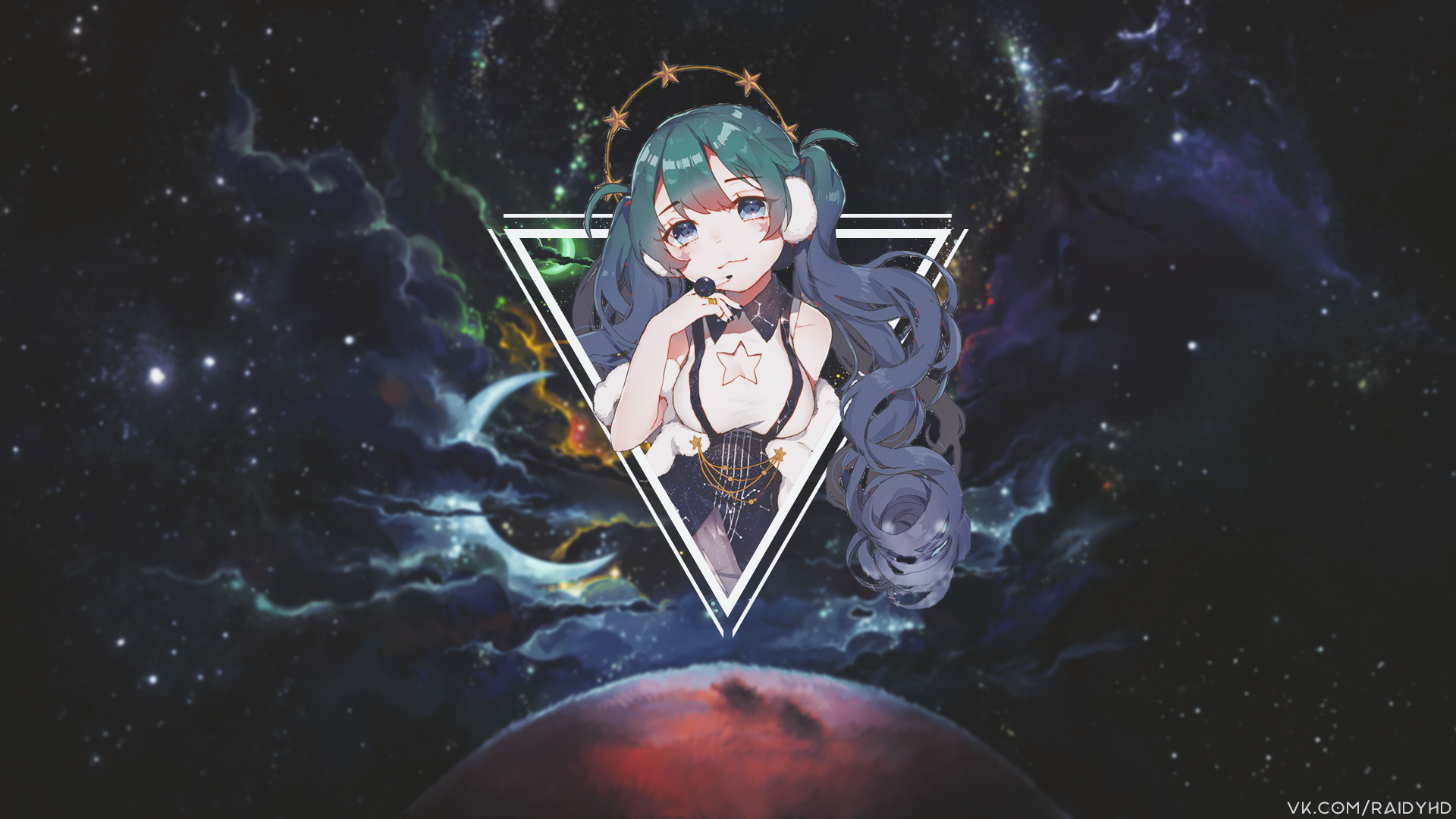 Anime girl with headphones in space HD Wallpaper