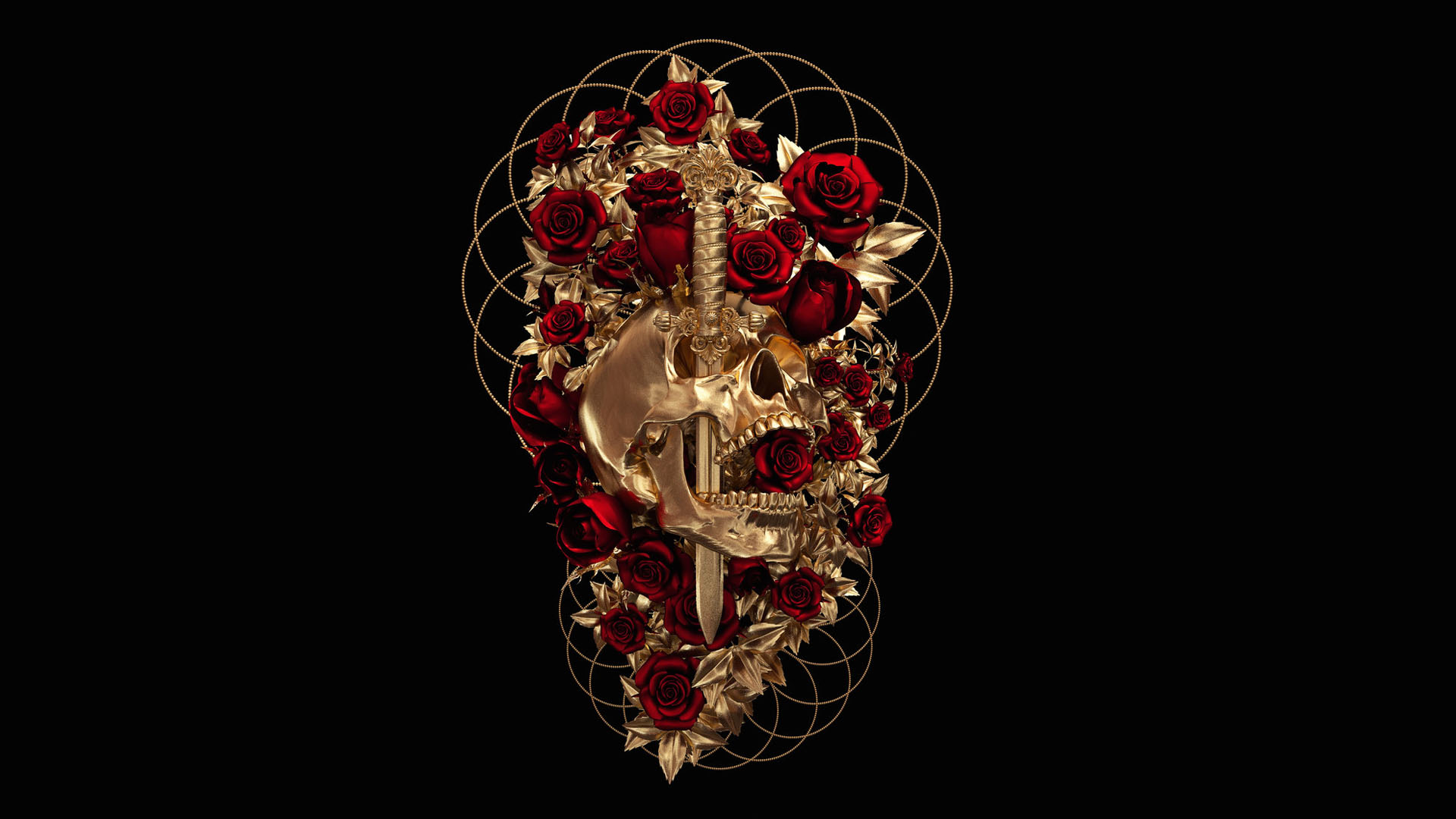 Apashe gold skull with red roses and sword HD Wallpaper