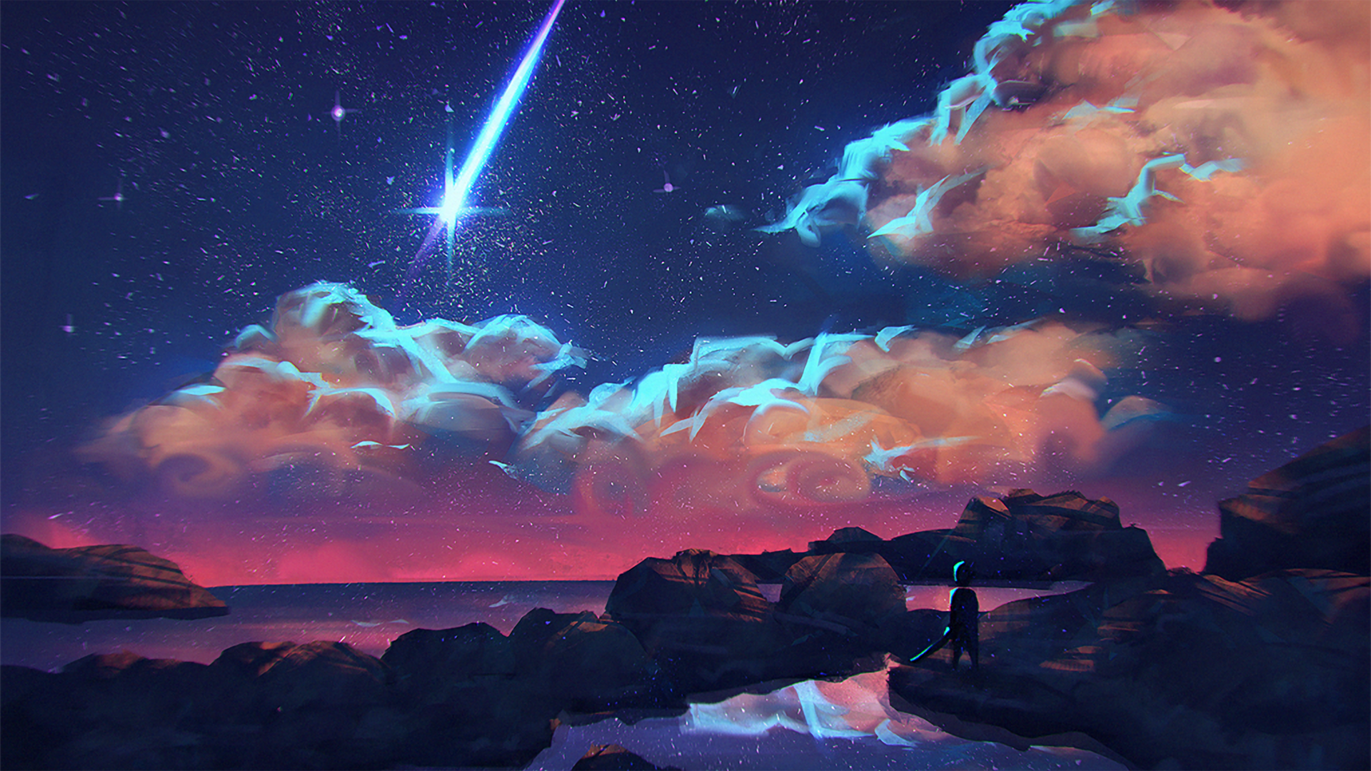 Digital art of a shooting star over a rocky coast at night HD Wallpaper