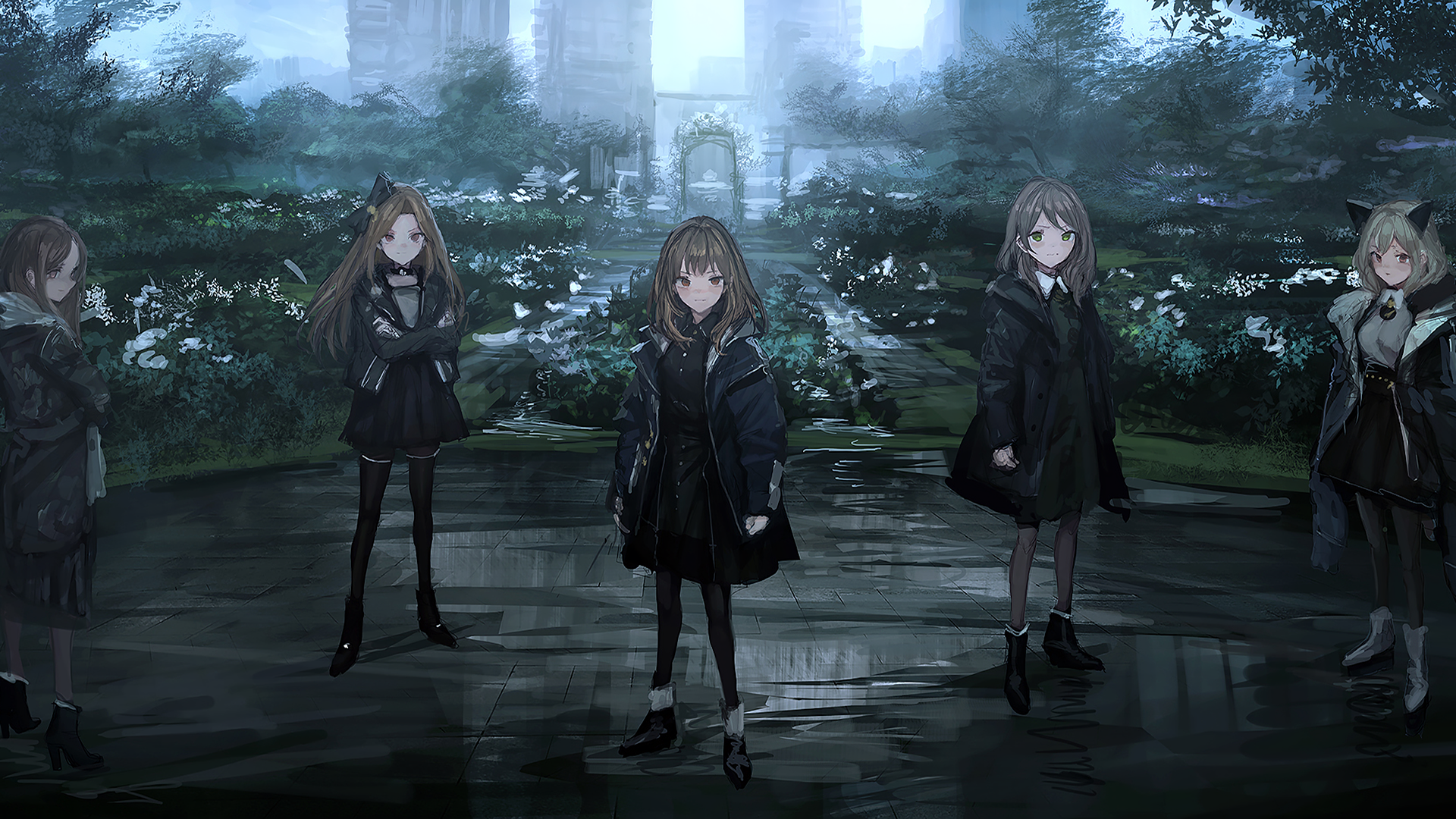 Group of girls in dark outfits in a park HD Wallpaper