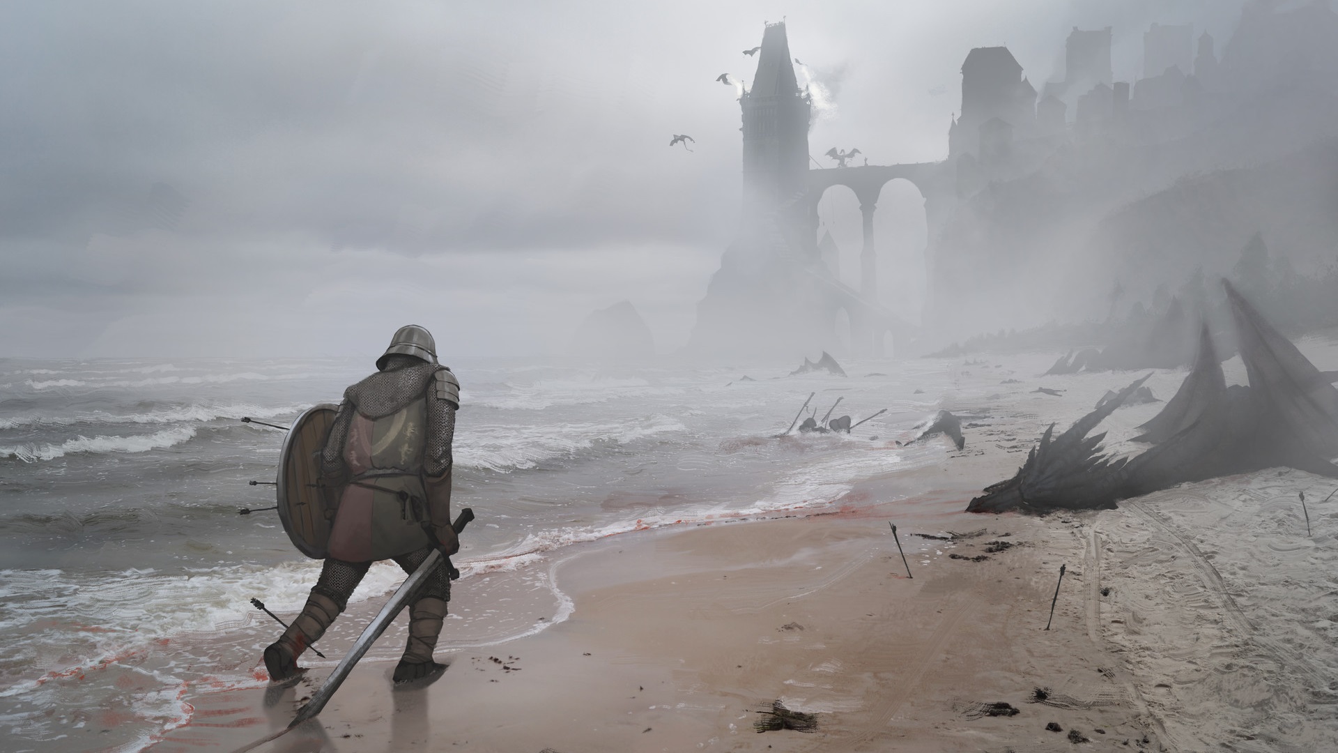 Knight on a beach with castle and dragons HD Wallpaper