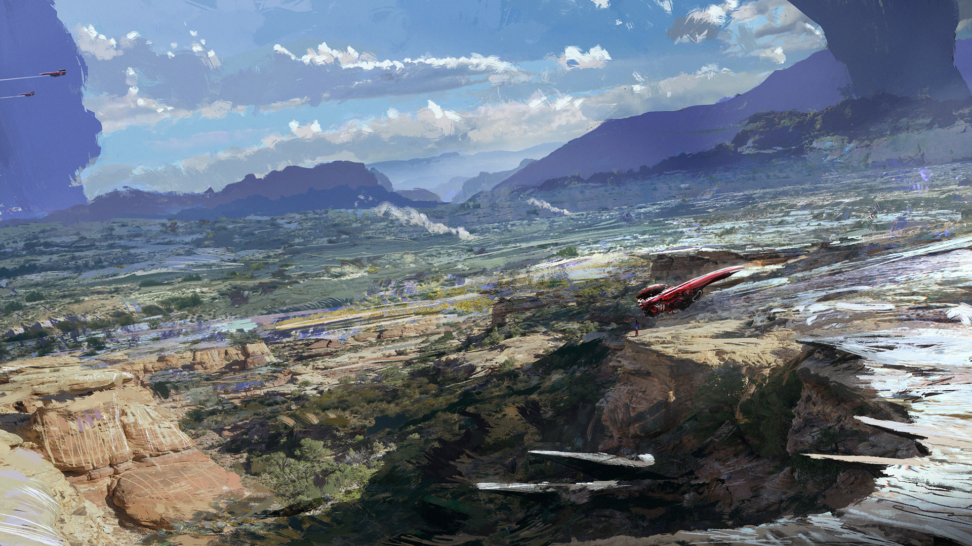Spaceships flying over a mountainous alien landscape HD Wallpaper