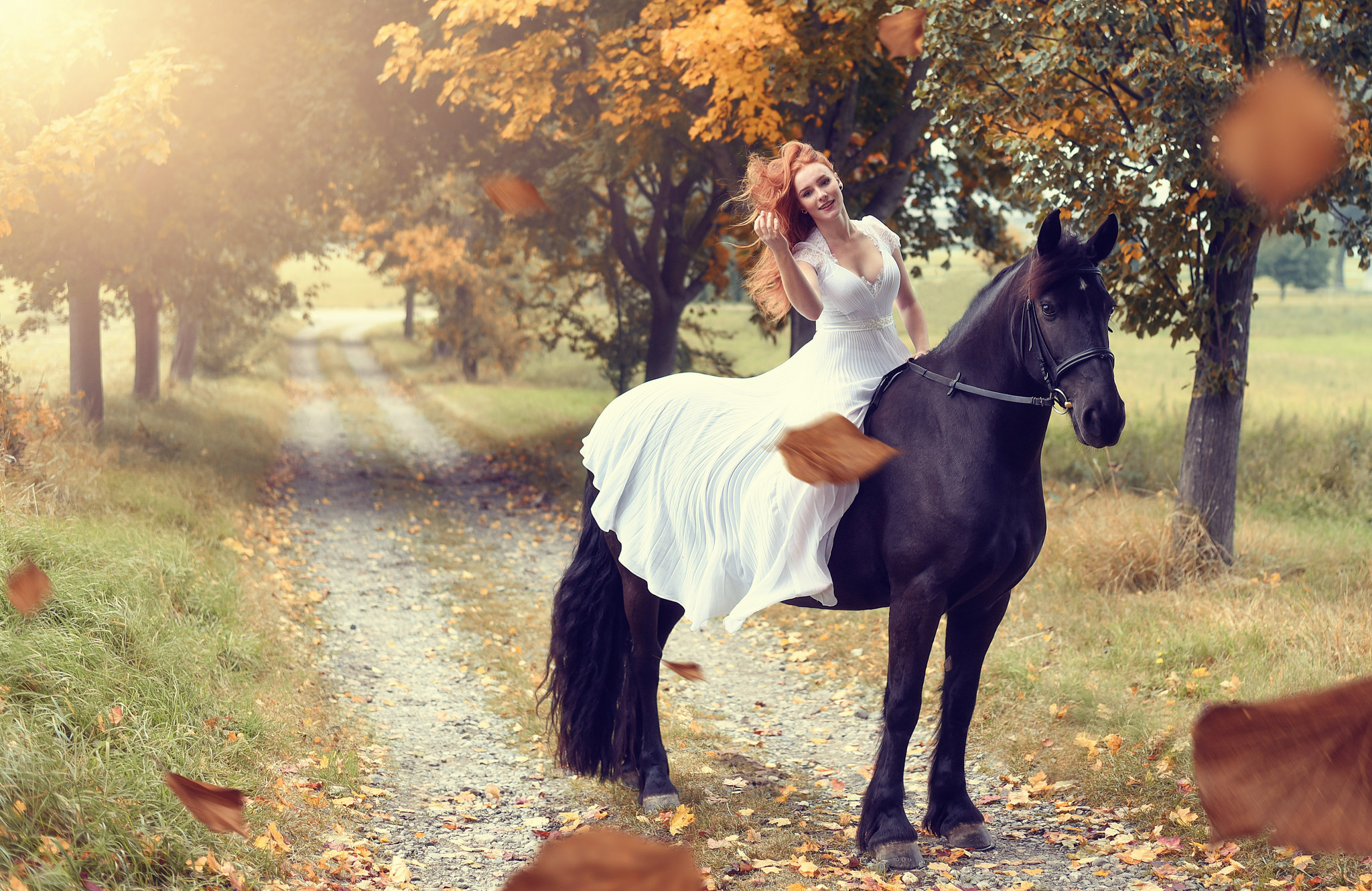 Redhead woman in white dress riding a black horse HD Wallpaper