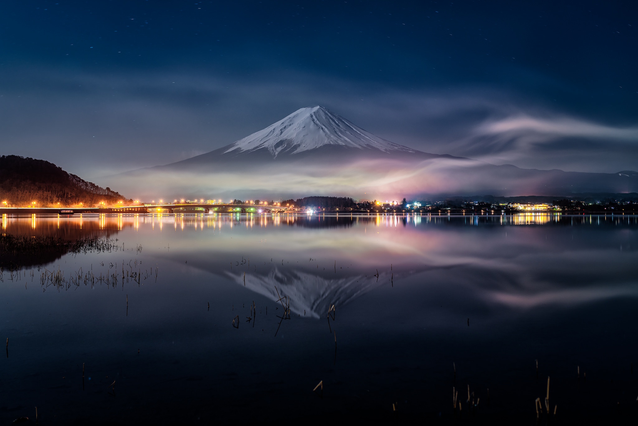 Mount Fuji reflection at night with city lights HD Wallpaper
