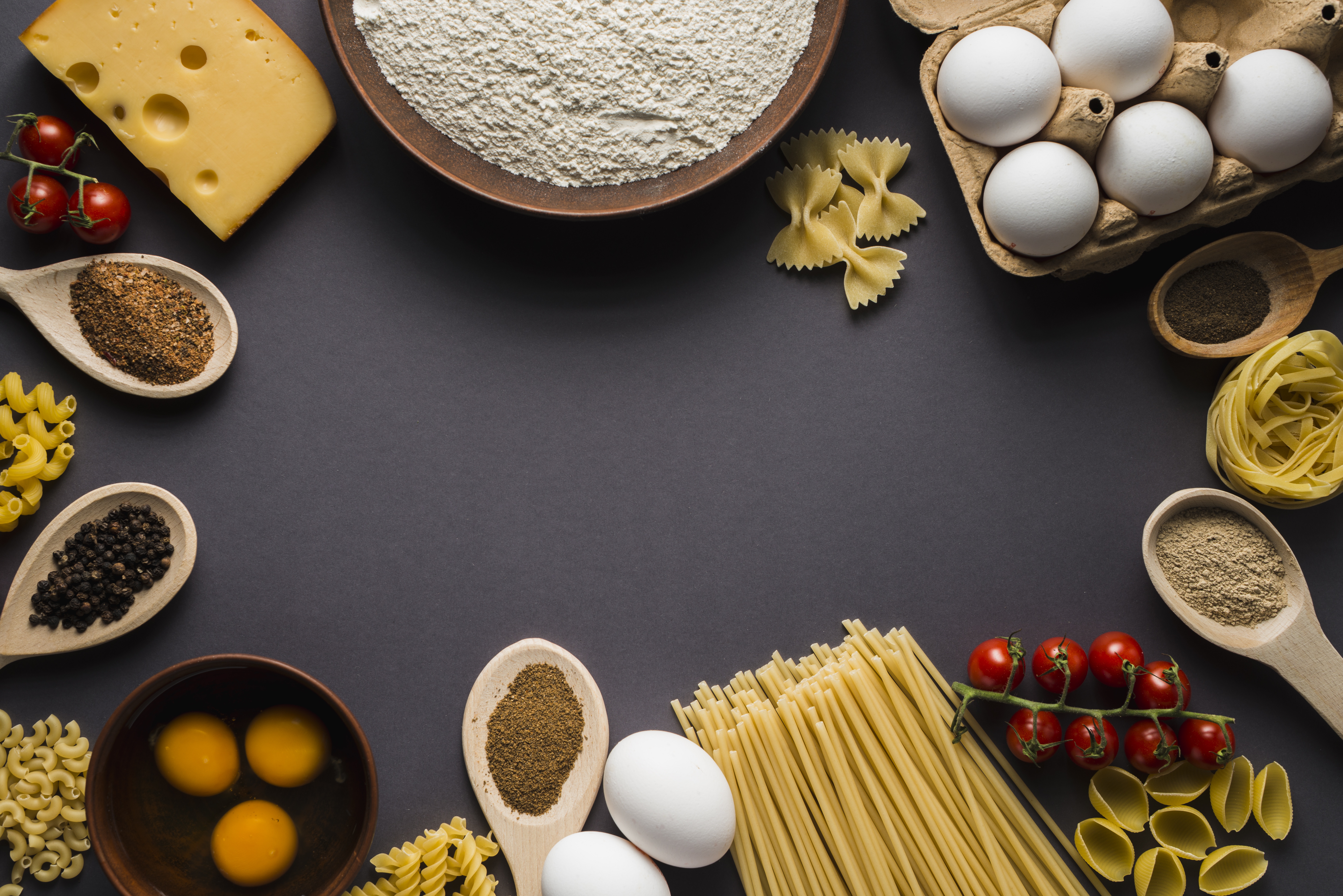 Ingredients for pasta: cheese, eggs, flour, tomatoes, pasta, spices HD Wallpaper