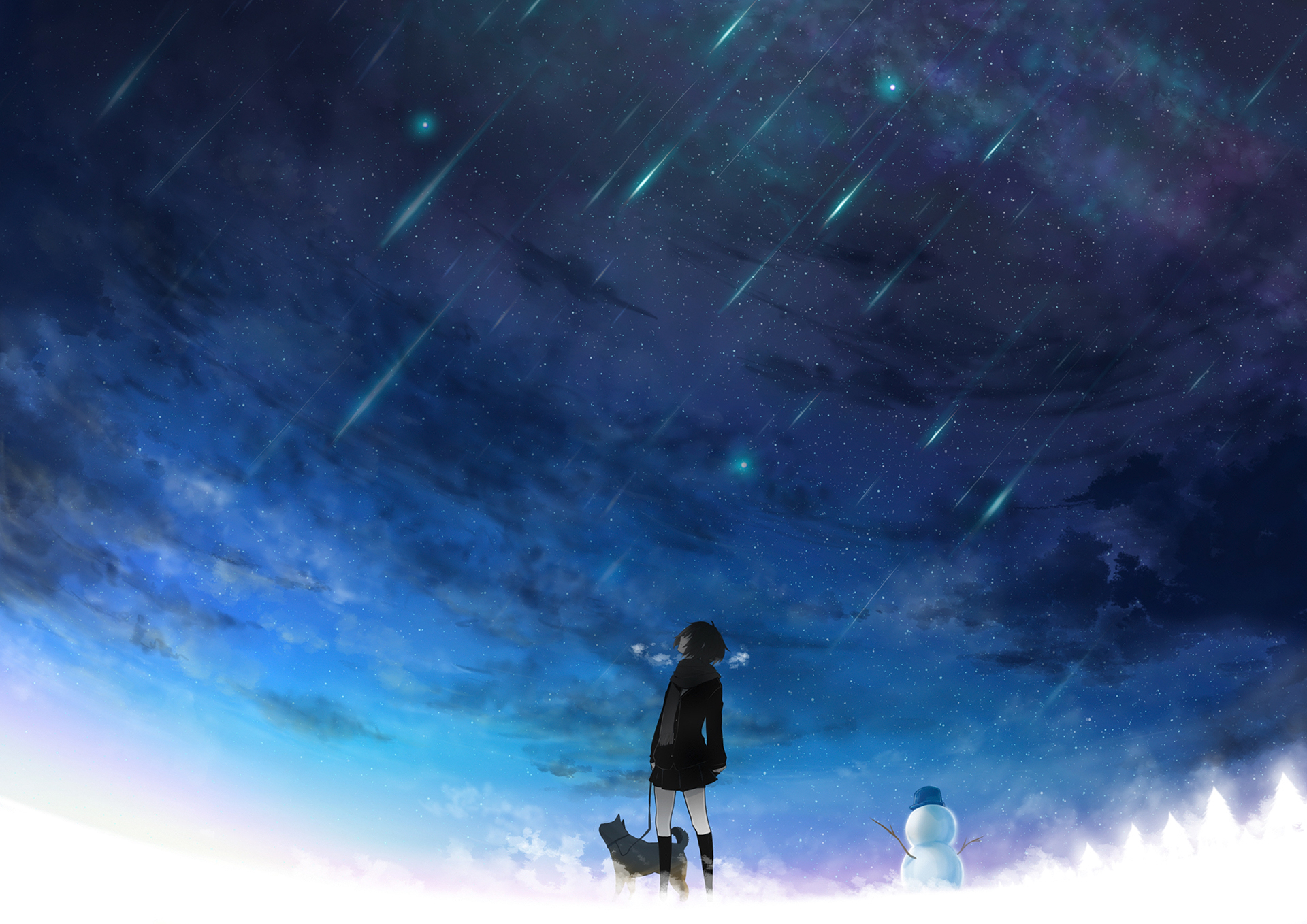 Girl and dog watching meteor shower with snowman HD Wallpaper