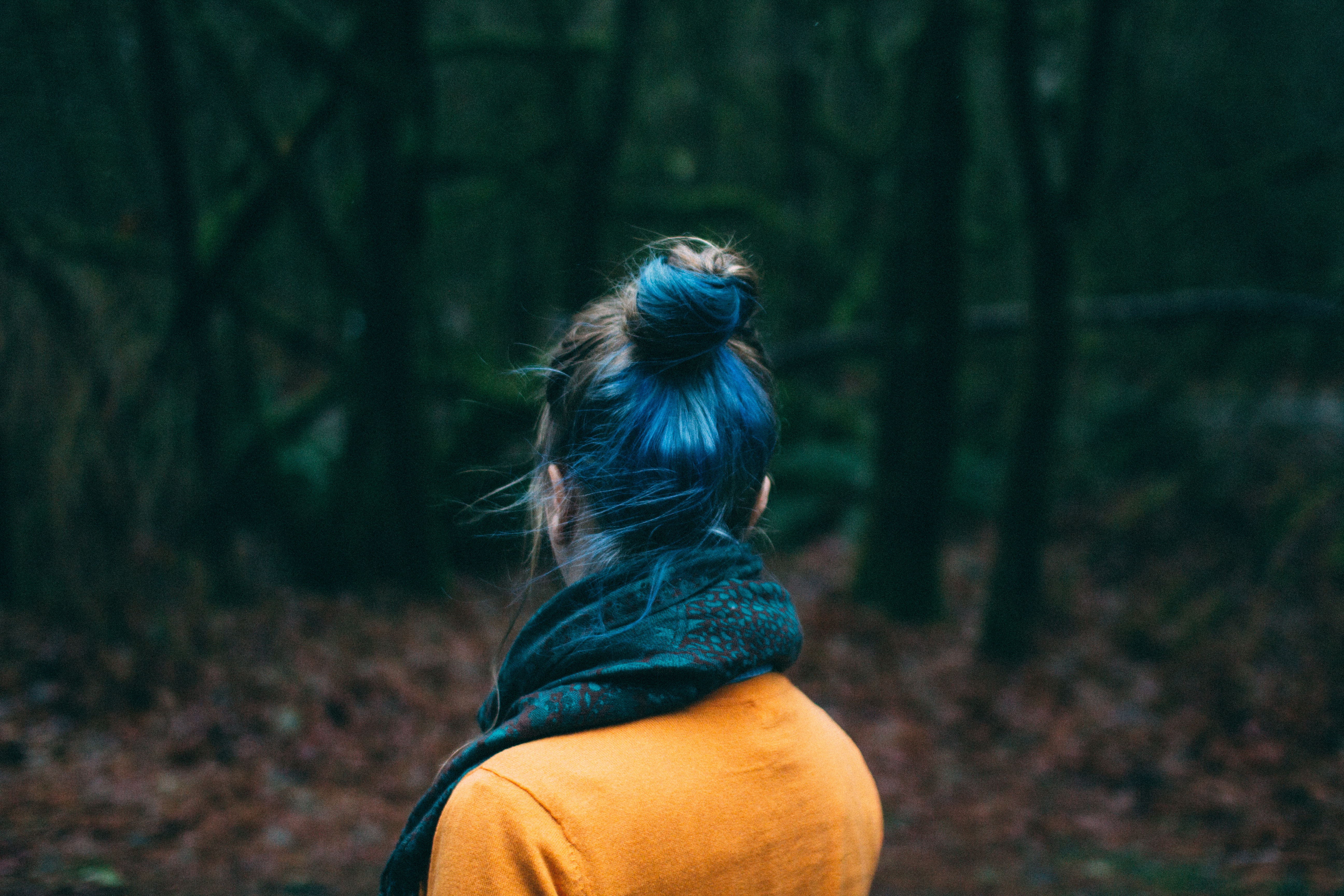 Woman with blue dyed hair in a forest HD Wallpaper
