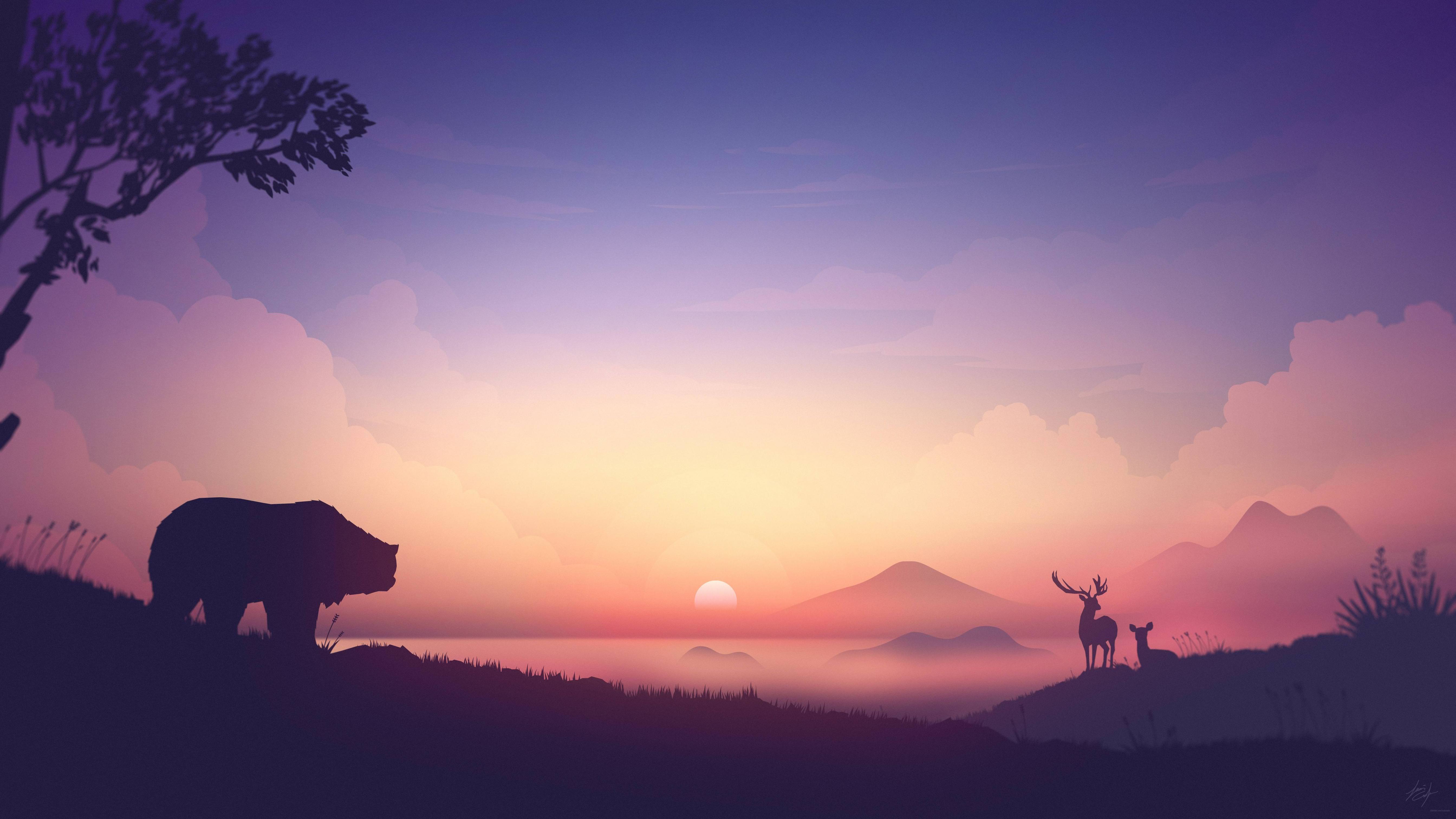 Bear and deer silhouetted against a sunset over mountains HD Wallpaper