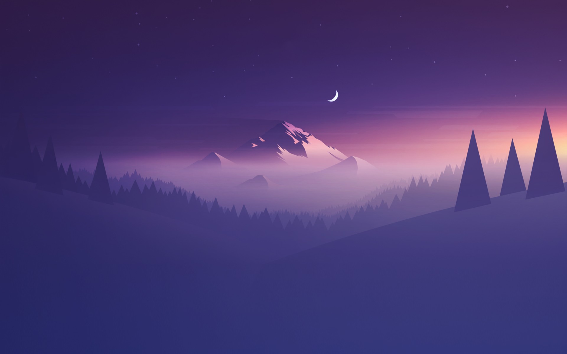 Minimalist mountain landscape with trees and moon HD Wallpaper