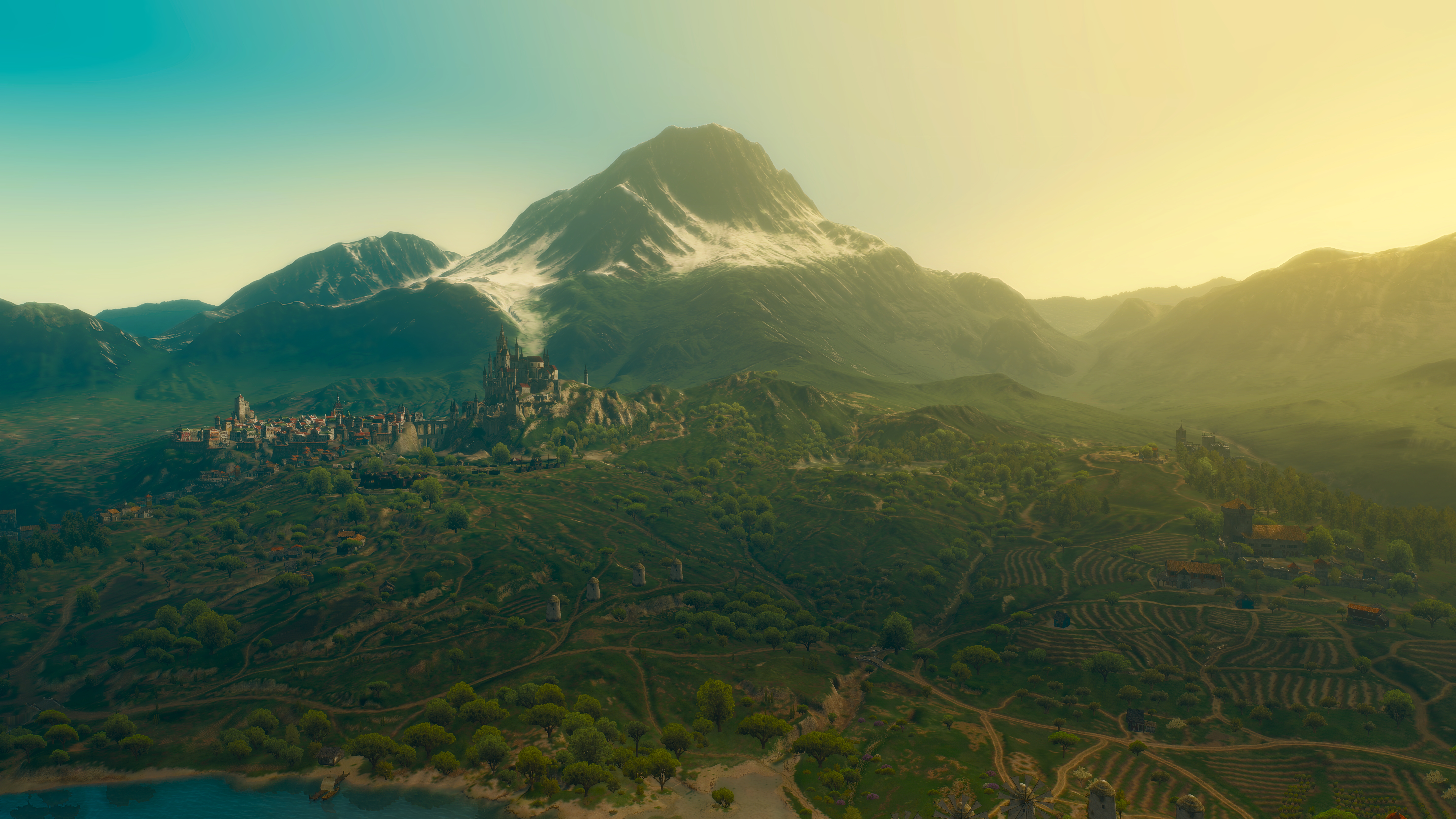 The Witcher 3: Wild Hunt landscape with mountains and a city HD Wallpaper