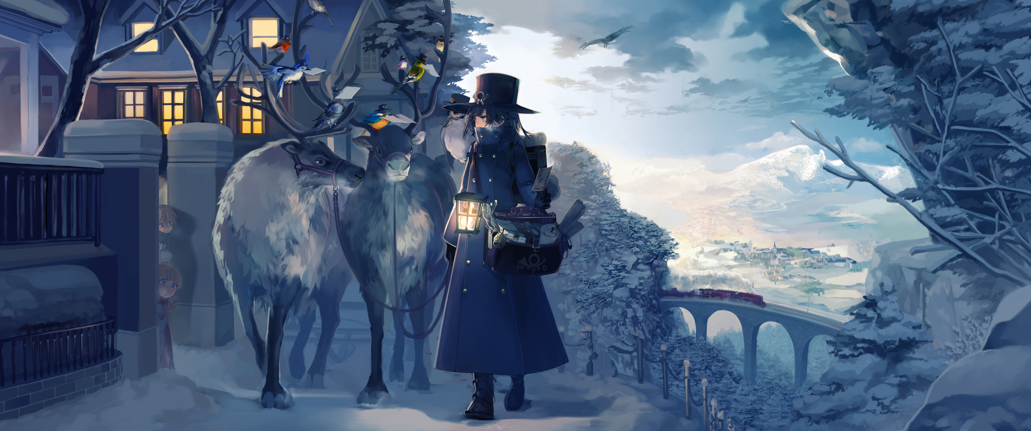 Anime girl with reindeer in snowy village with train HD Wallpaper