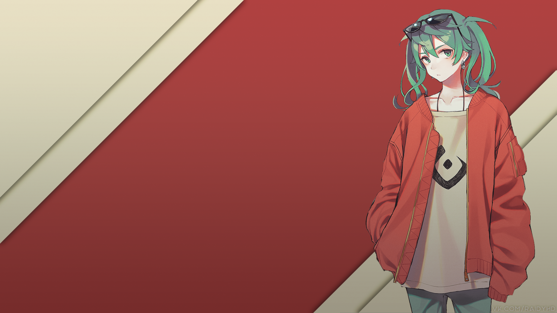 Anime girl with green hair wearing sunglasses and an orange jacket HD Wallpaper