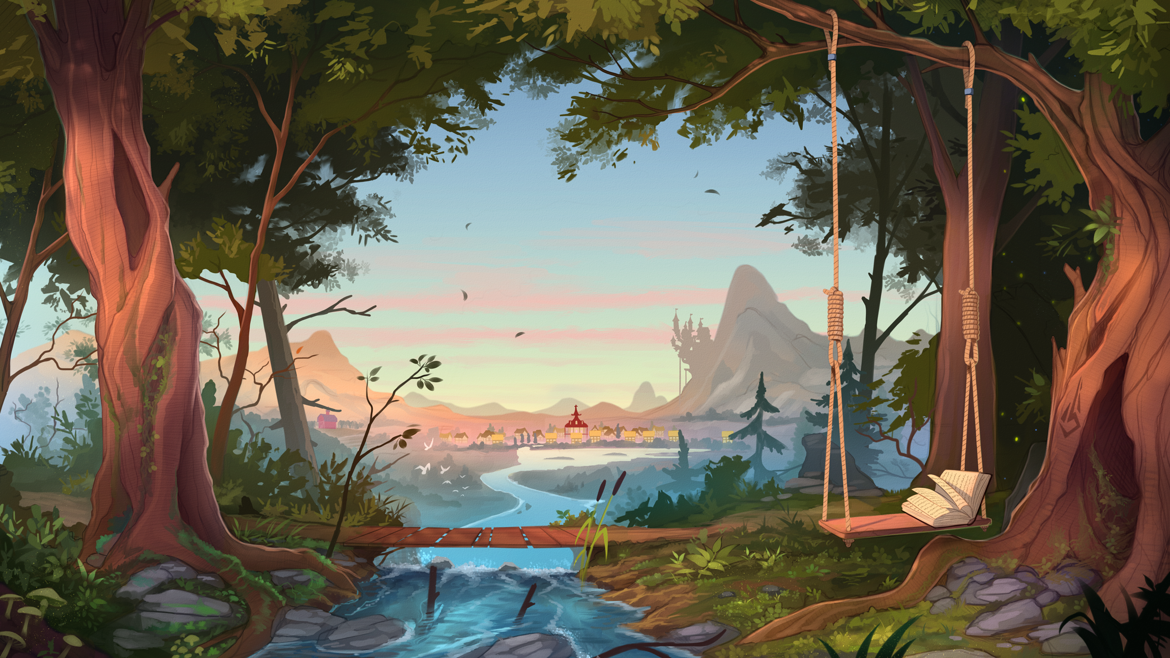 Fantasy landscape with a river, town, and castle HD Wallpaper