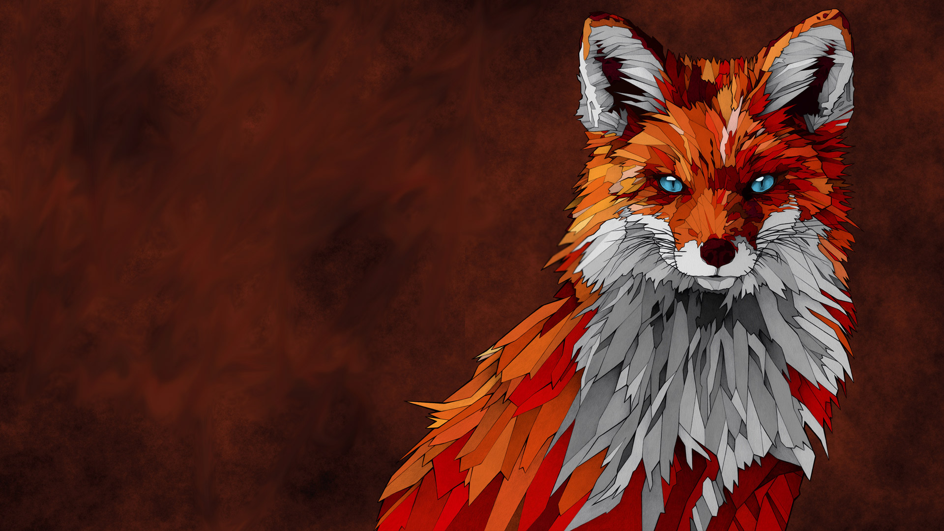 Stylized fox with blue eyes on a brown background HD Wallpaper