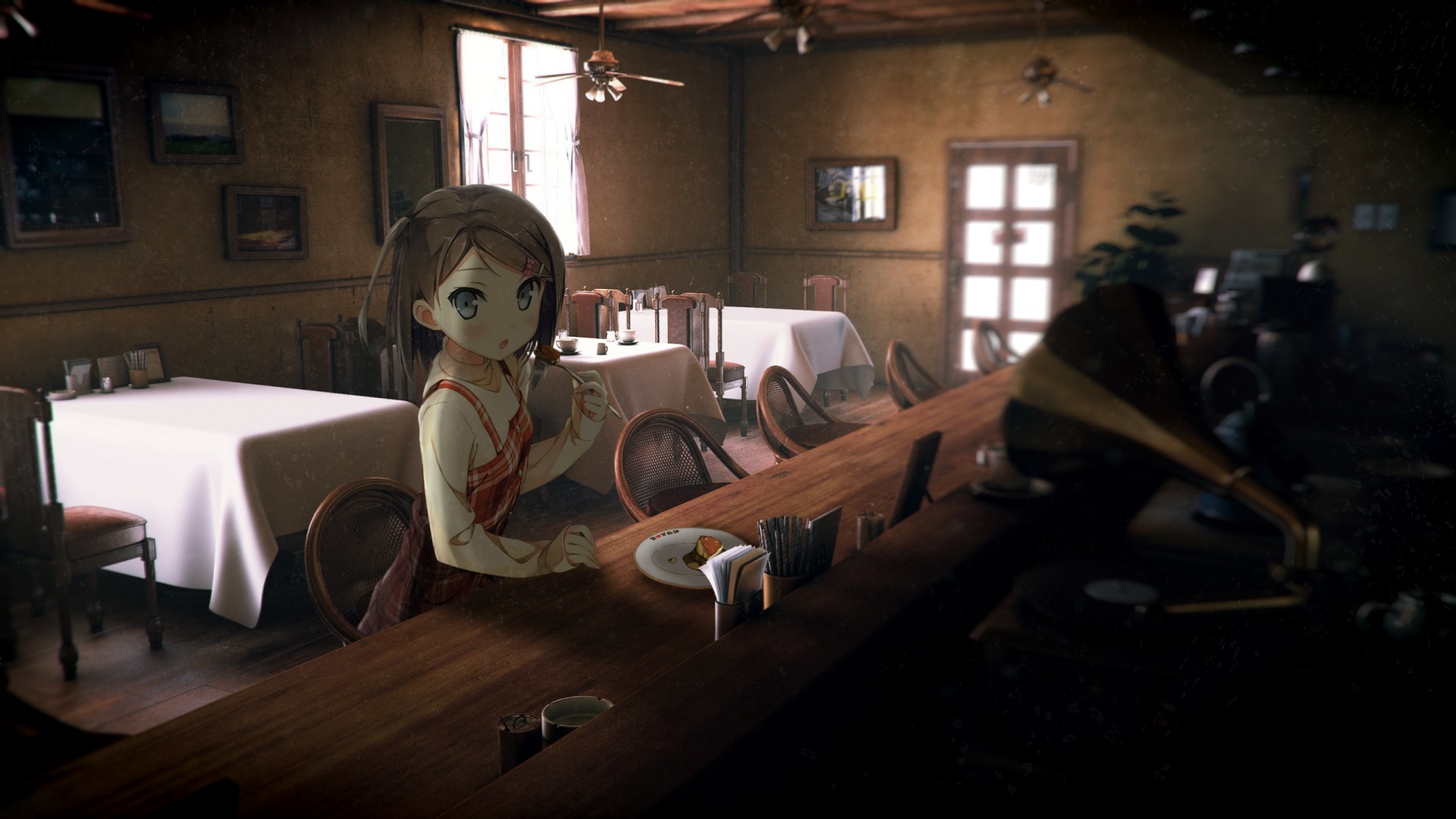 Anime girl in a cafeteria with a gramophone HD Wallpaper