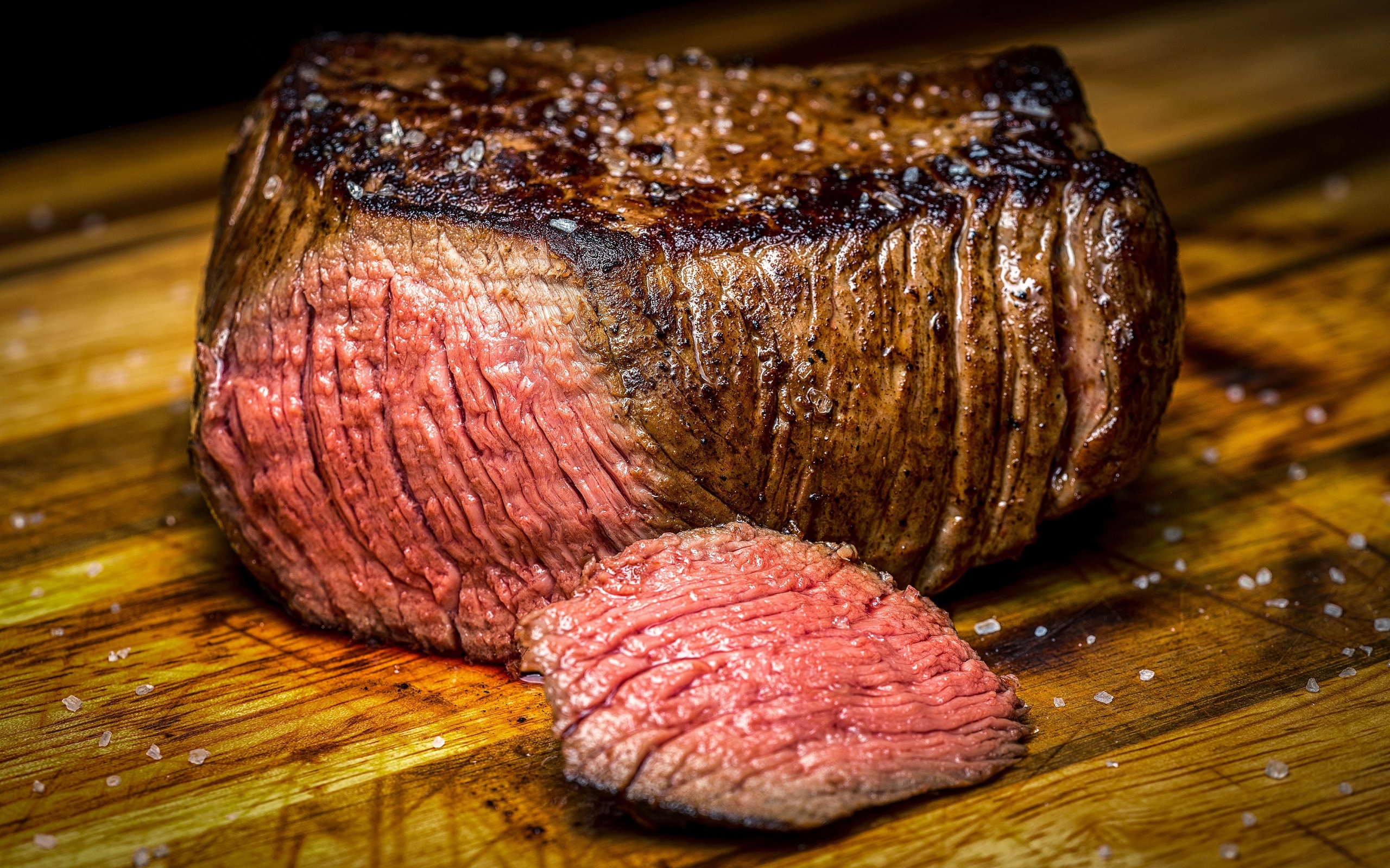 food, animals, muscles, salt, death, meat, wooden surface, closeup, cow, steak, depth of field HD Wallpaper