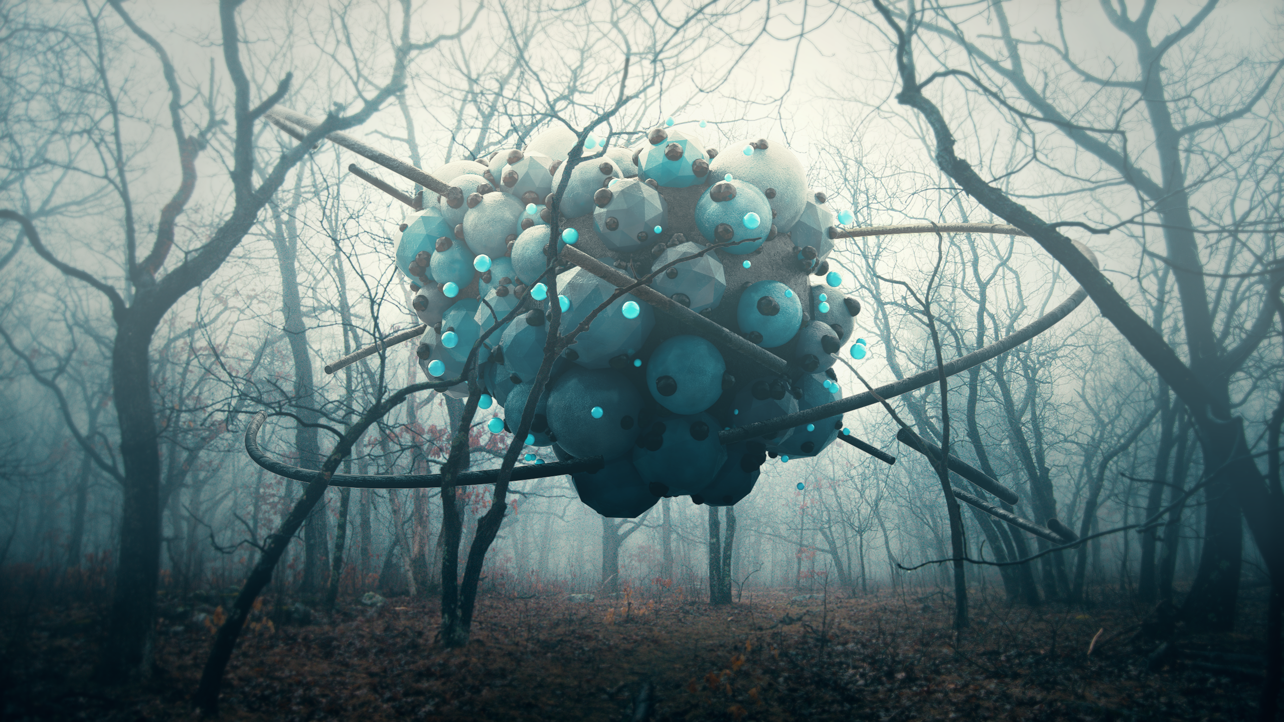 Abstract 3D object in a foggy forest HD Wallpaper
