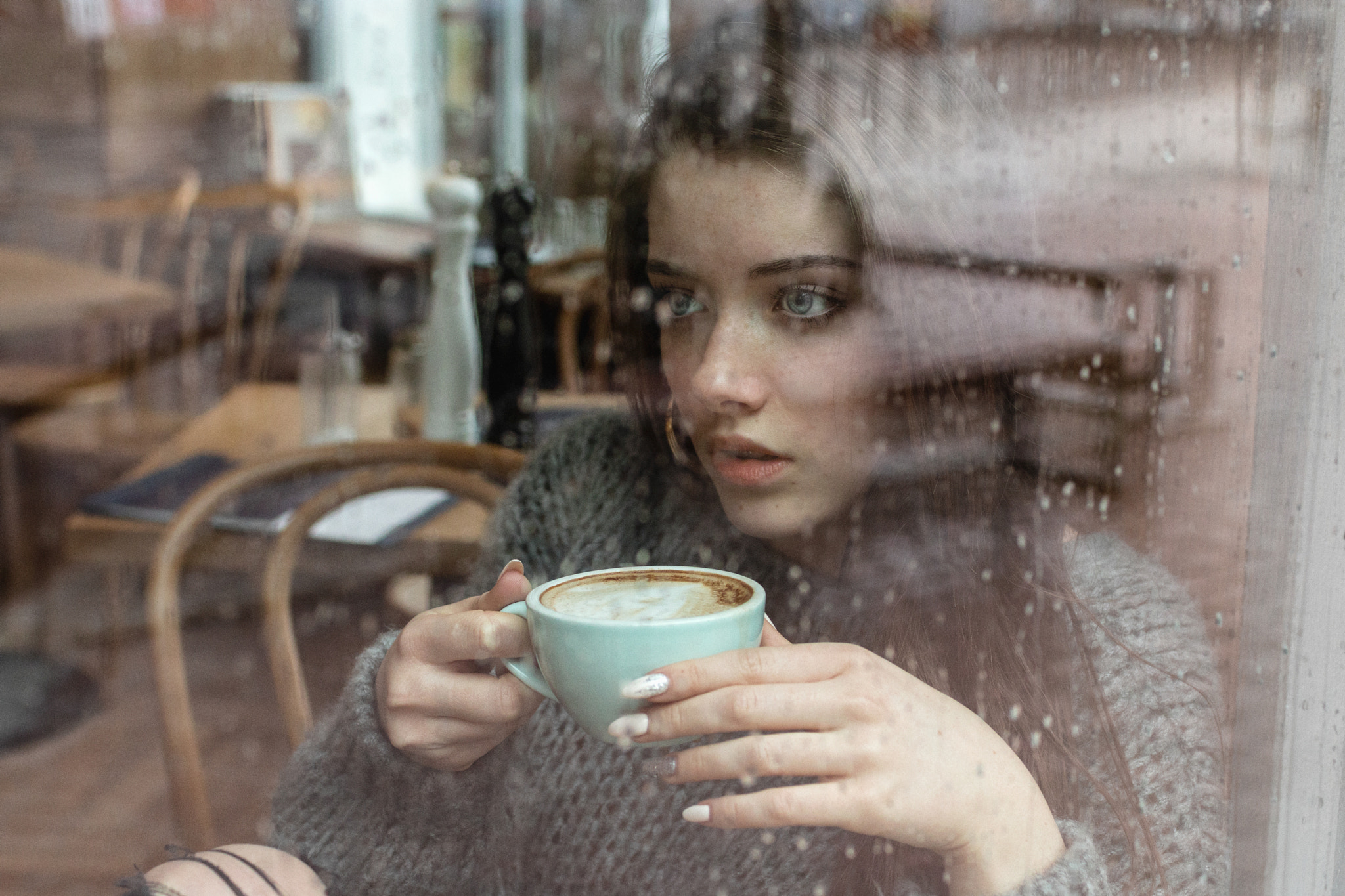 sweater, rain, coffee, blue eyes, portrait, face, window, cup, brunette, Polish women, Kuba Brencz, women, Dagmara Podolak HD Wallpaper