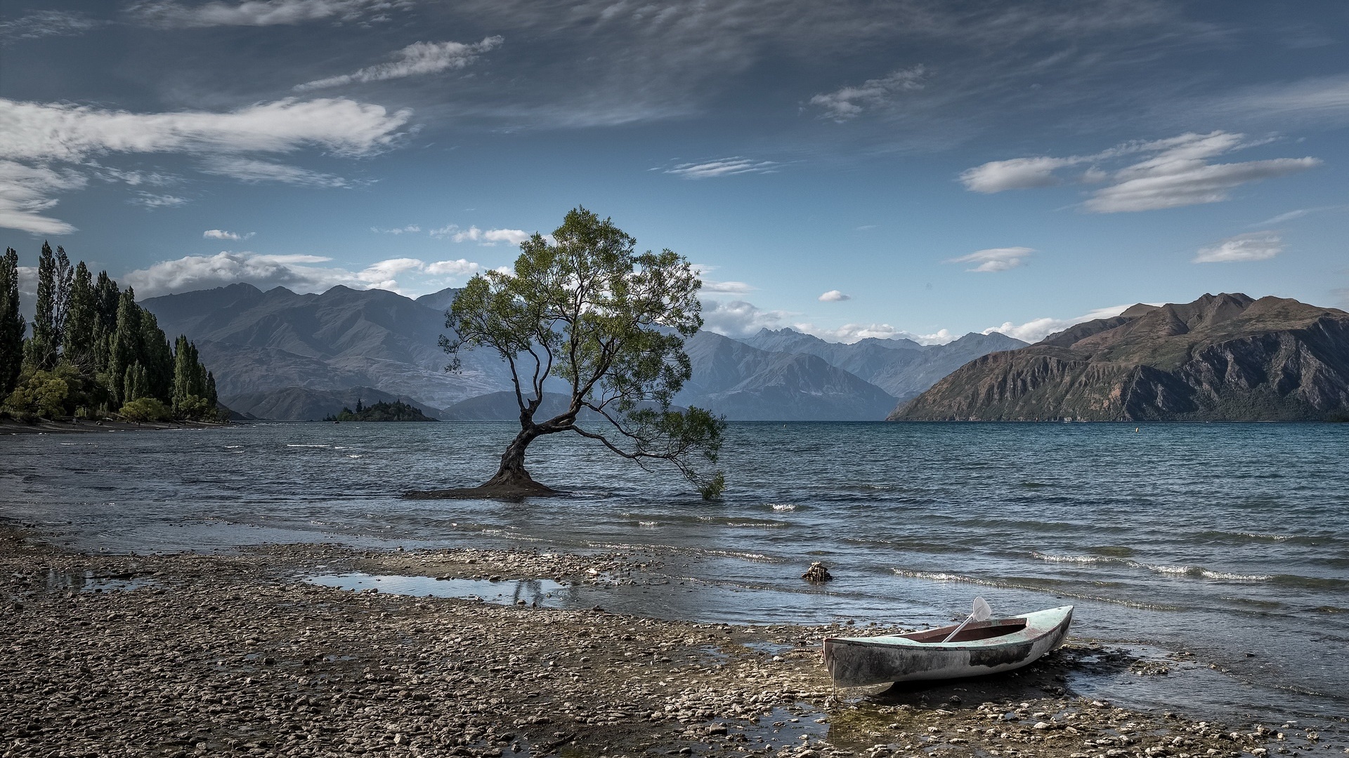 nature, Lake Wanaka, New Zealand, boat, mountains, water HD Wallpaper