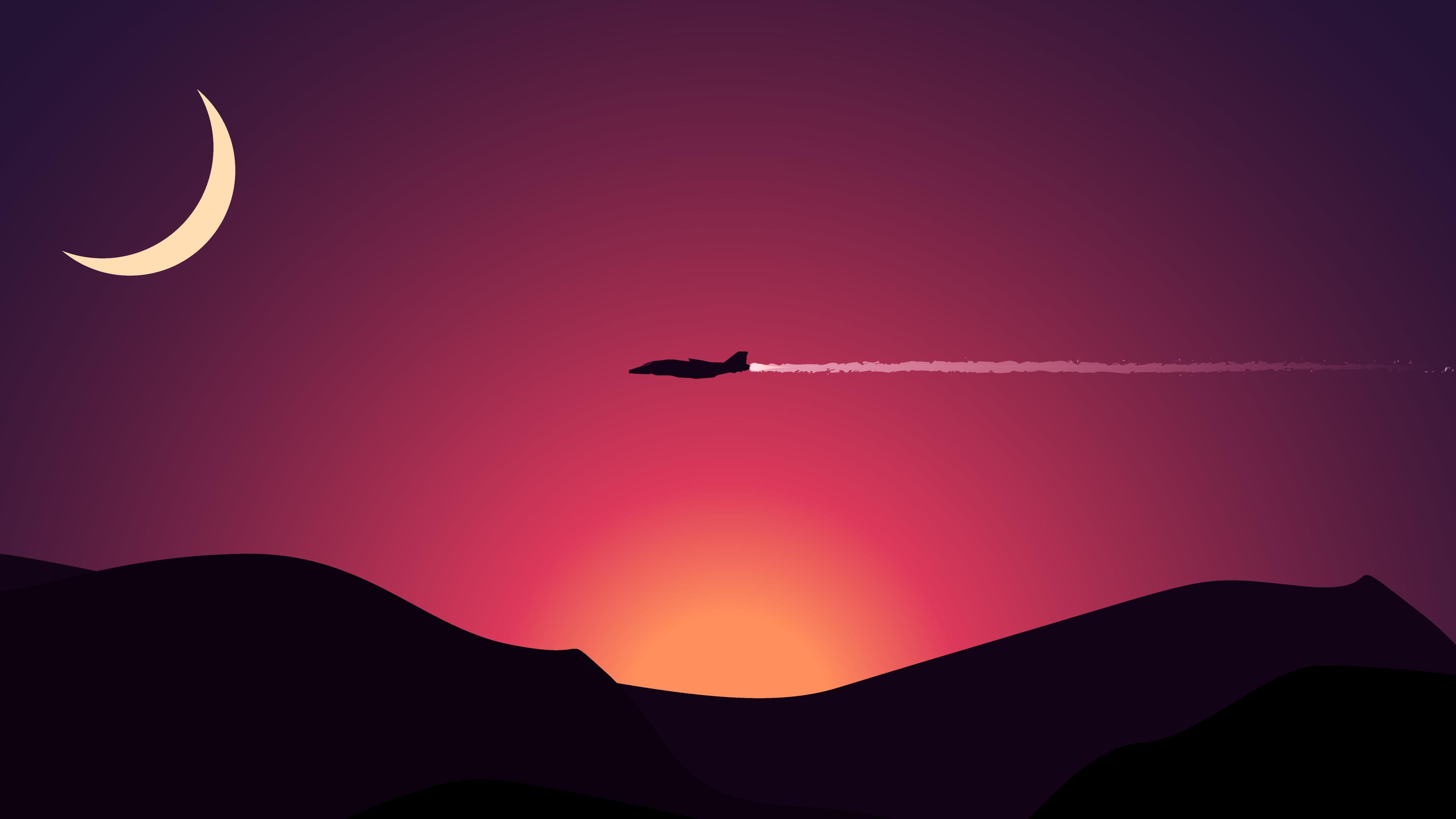 Minimalist jet plane flying at sunset with crescent moon HD Wallpaper