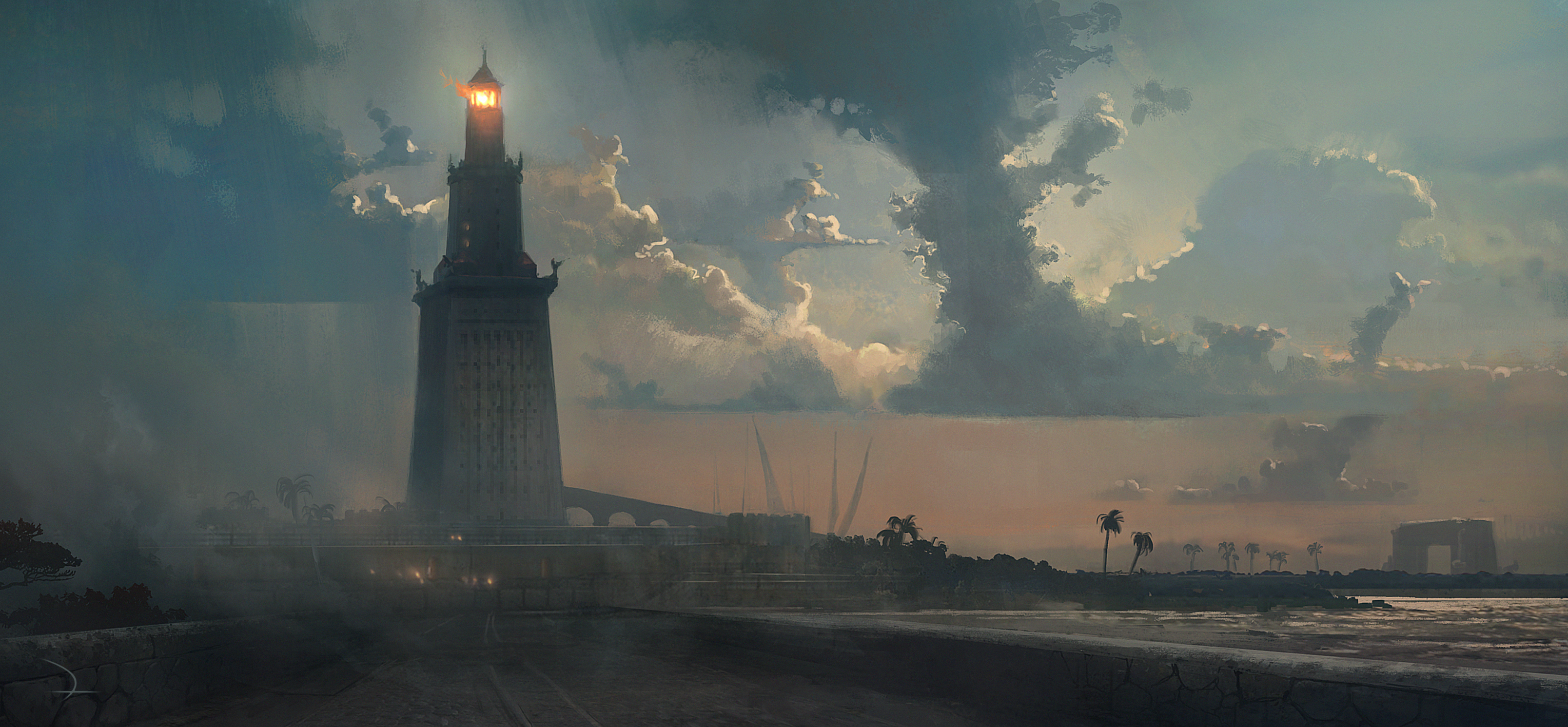 Artwork of the Lighthouse of Alexandria from Assassin's Creed Origins HD Wallpaper