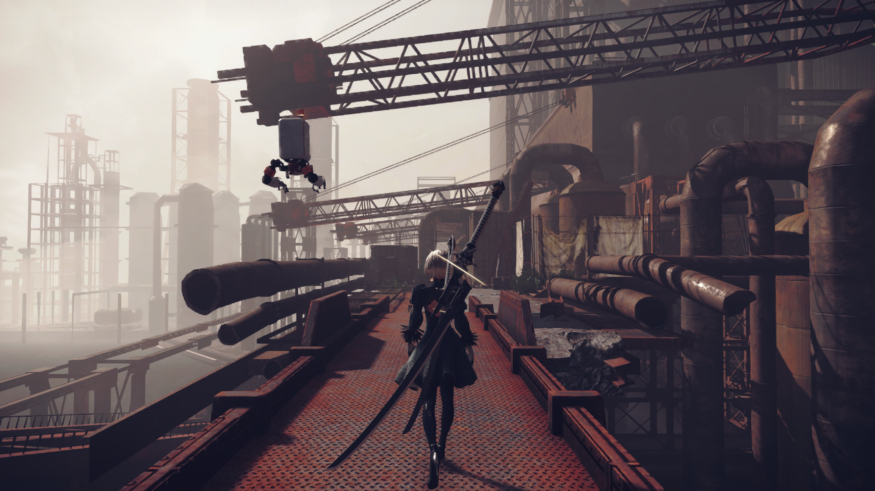 2B from Nier: Automata in an industrial area HD Wallpaper