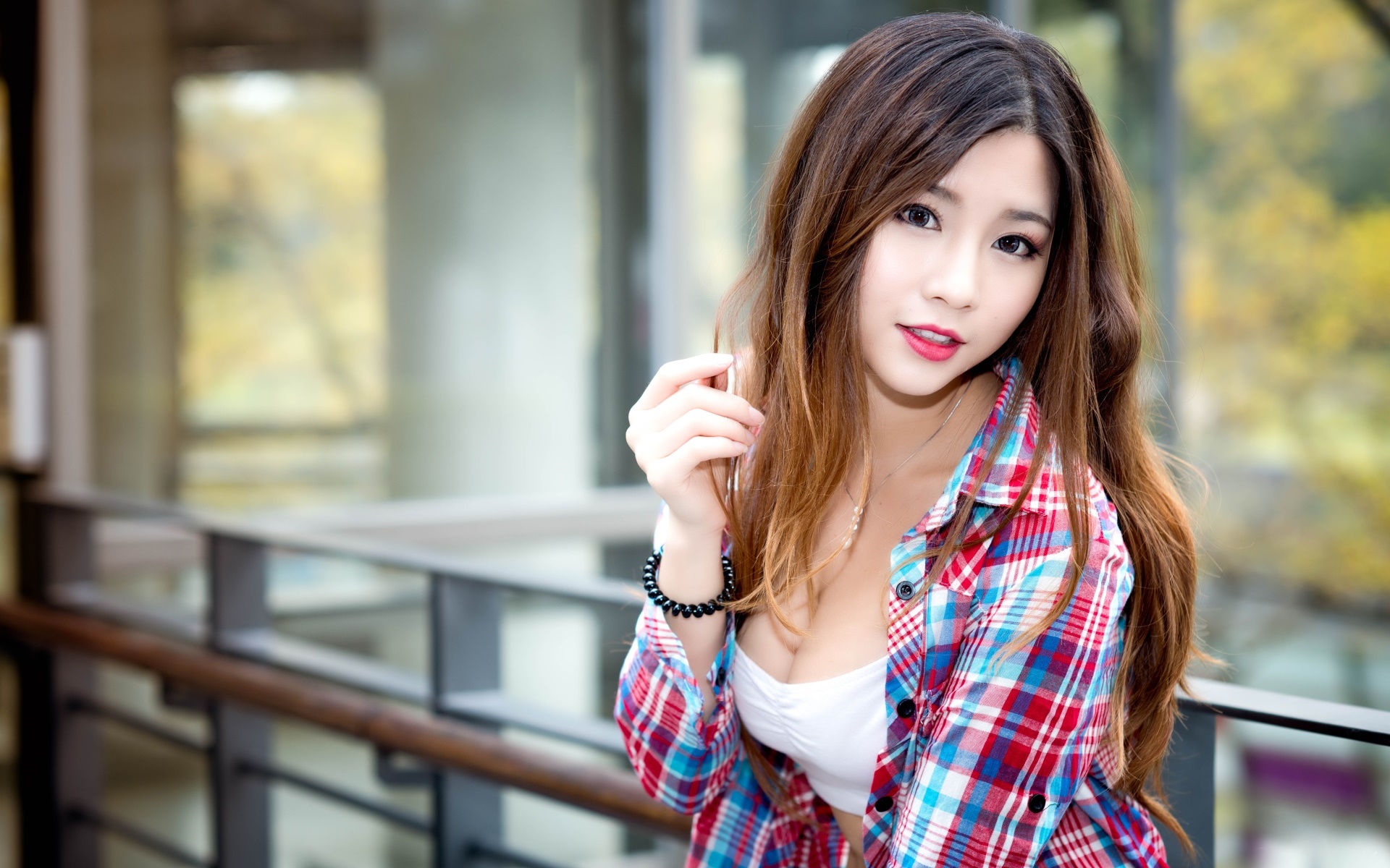 Asian woman with long brown hair wearing a plaid shirt HD Wallpaper