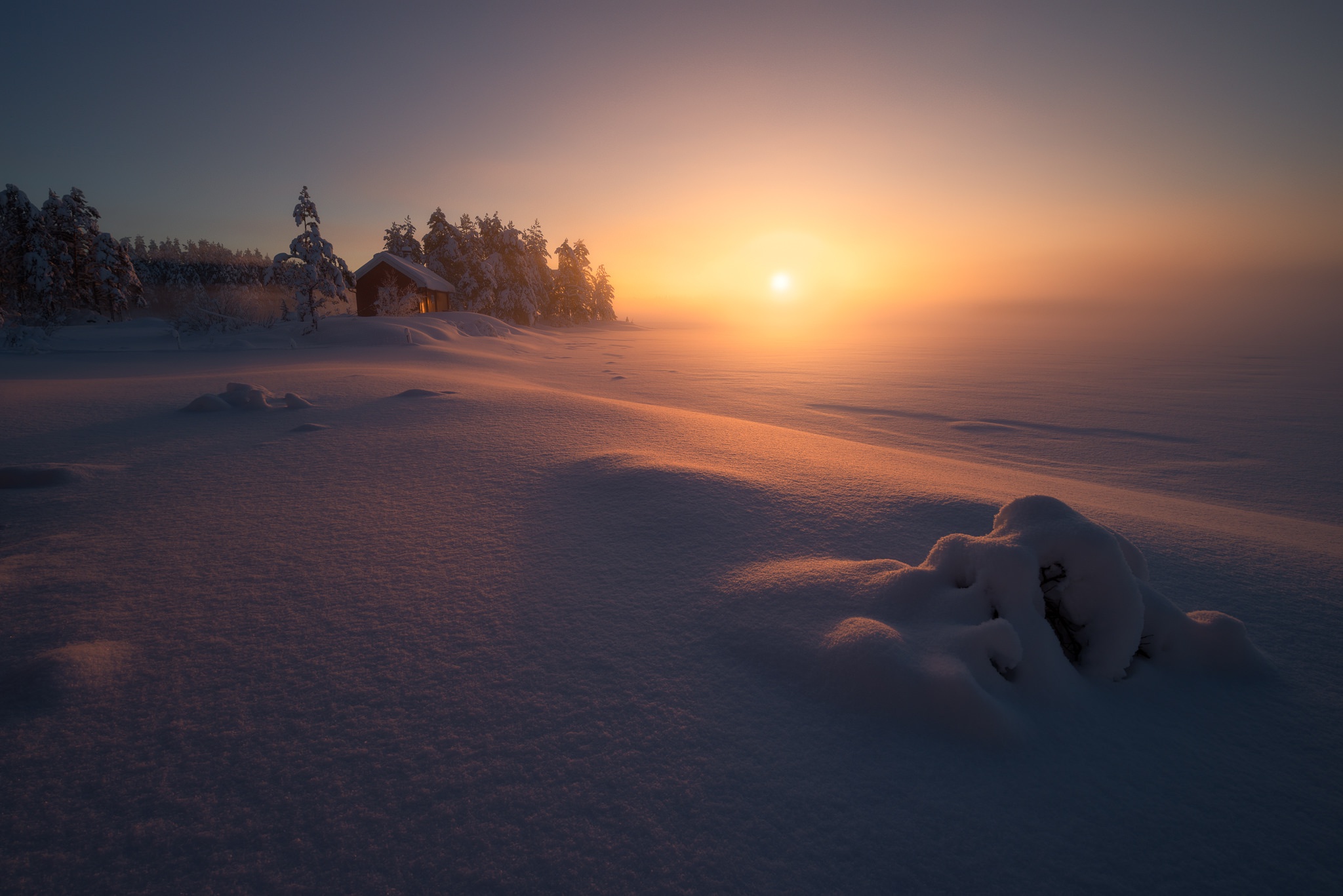Winter cabin at sunset with snow HD Wallpaper