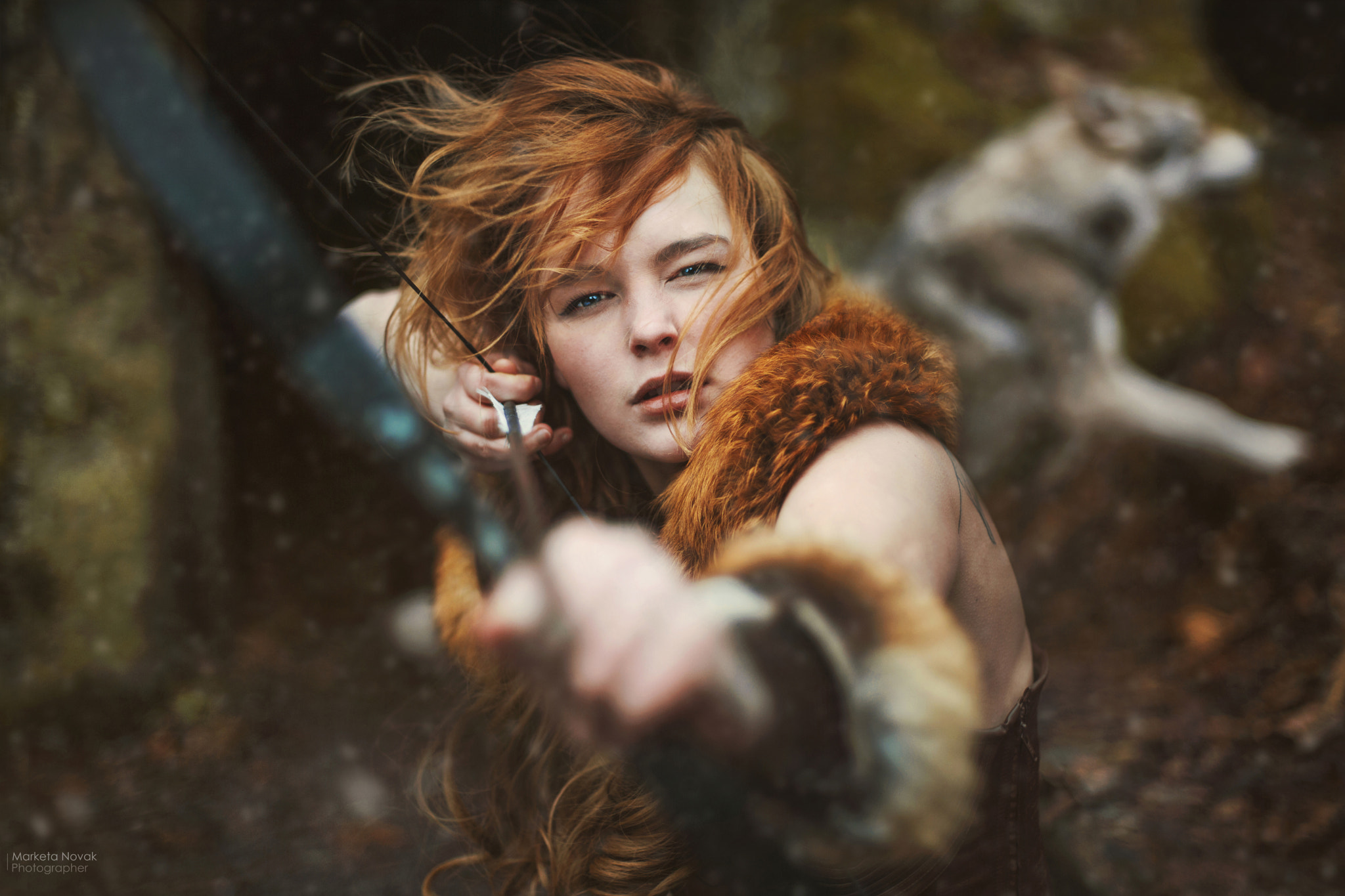 Redhead woman with bow and arrow in forest with wolf HD Wallpaper