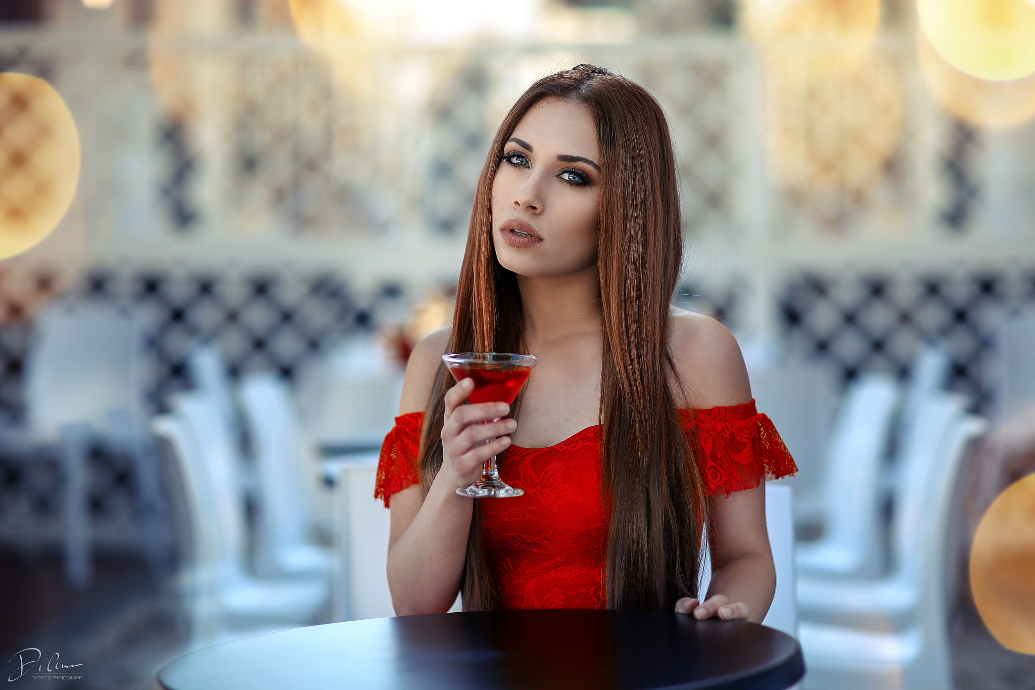 depth of field, drinking glass, portrait, table, long hair, women, red dress, blue eyes HD Wallpaper