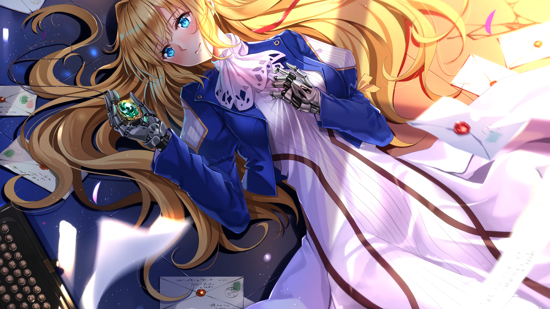 Violet Evergarden with mechanical arm and letters HD Wallpaper