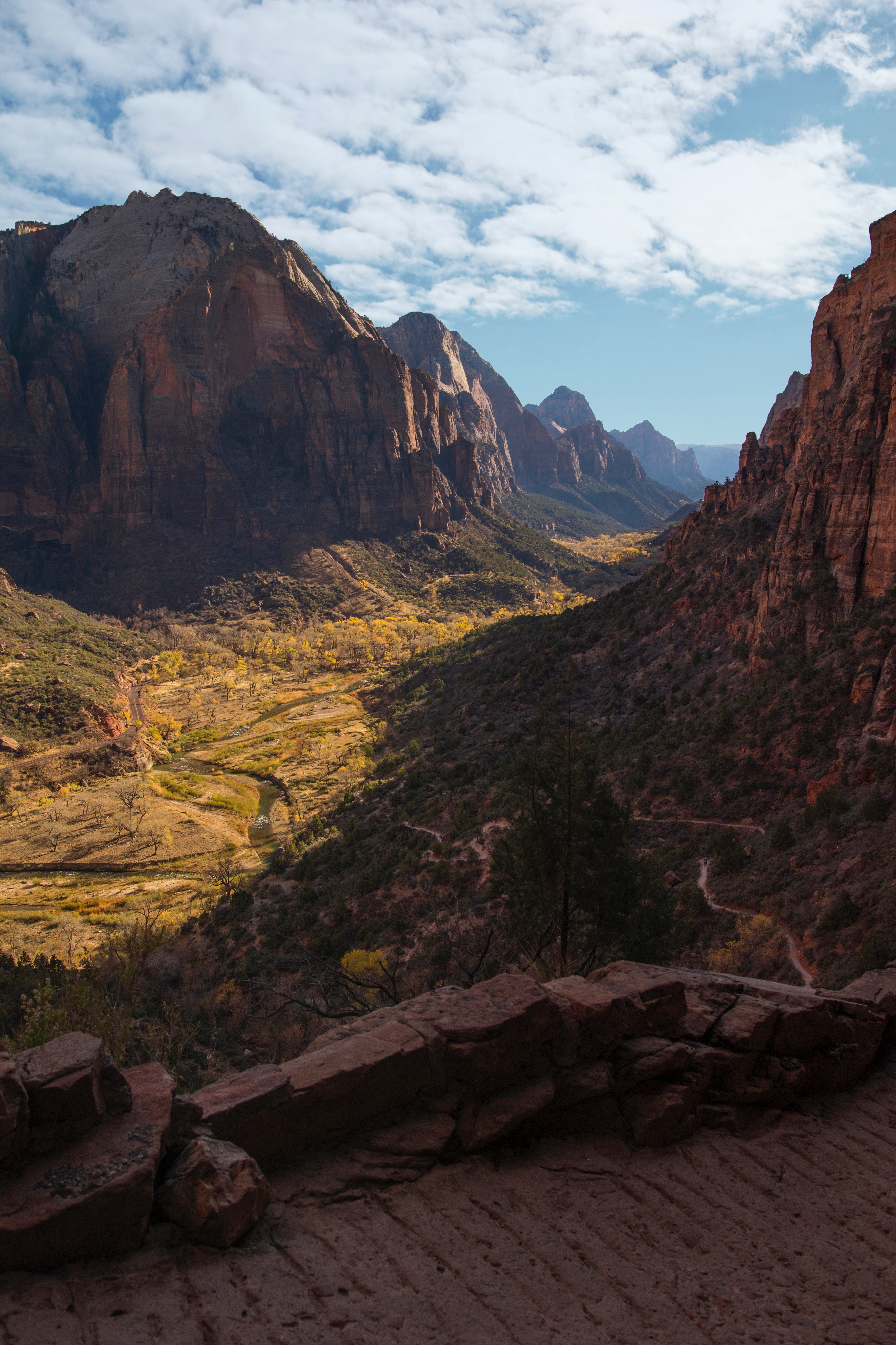 Valley with mountains and river in autumn HD Wallpaper
