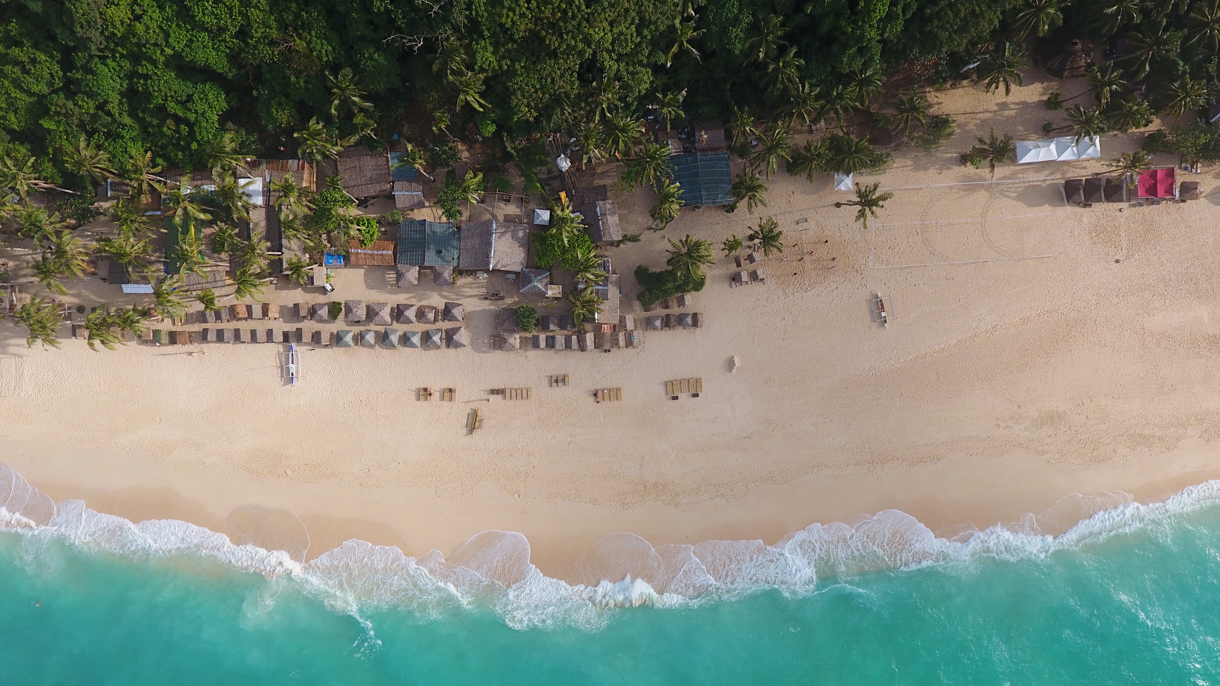 Aerial view of a tropical beach with huts and palm trees HD Wallpaper
