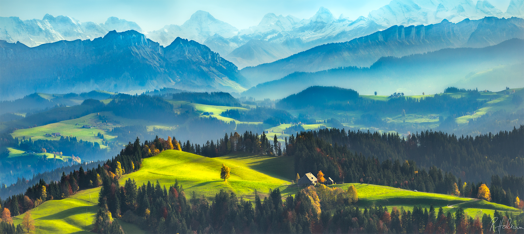 Mountain landscape with rolling hills and trees HD Wallpaper