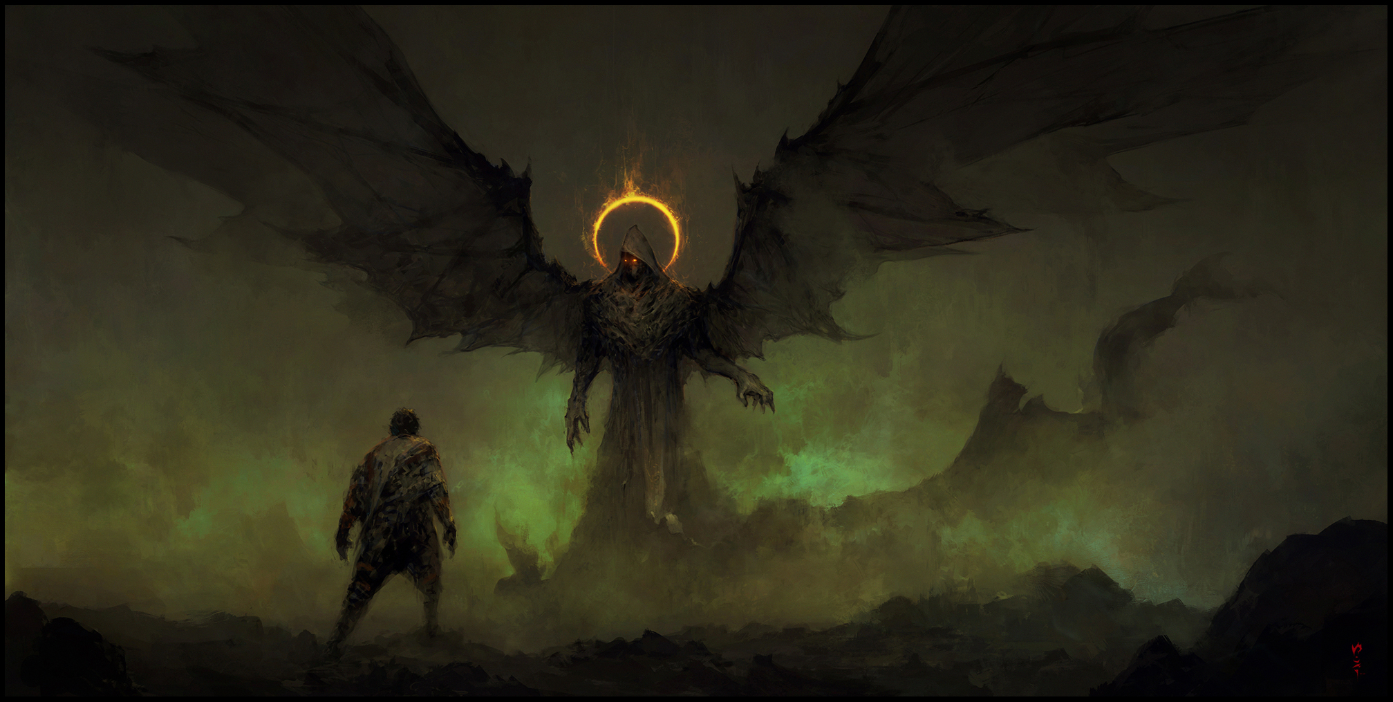 A winged demon confronts a lone figure in a dark fantasy landscape HD Wallpaper
