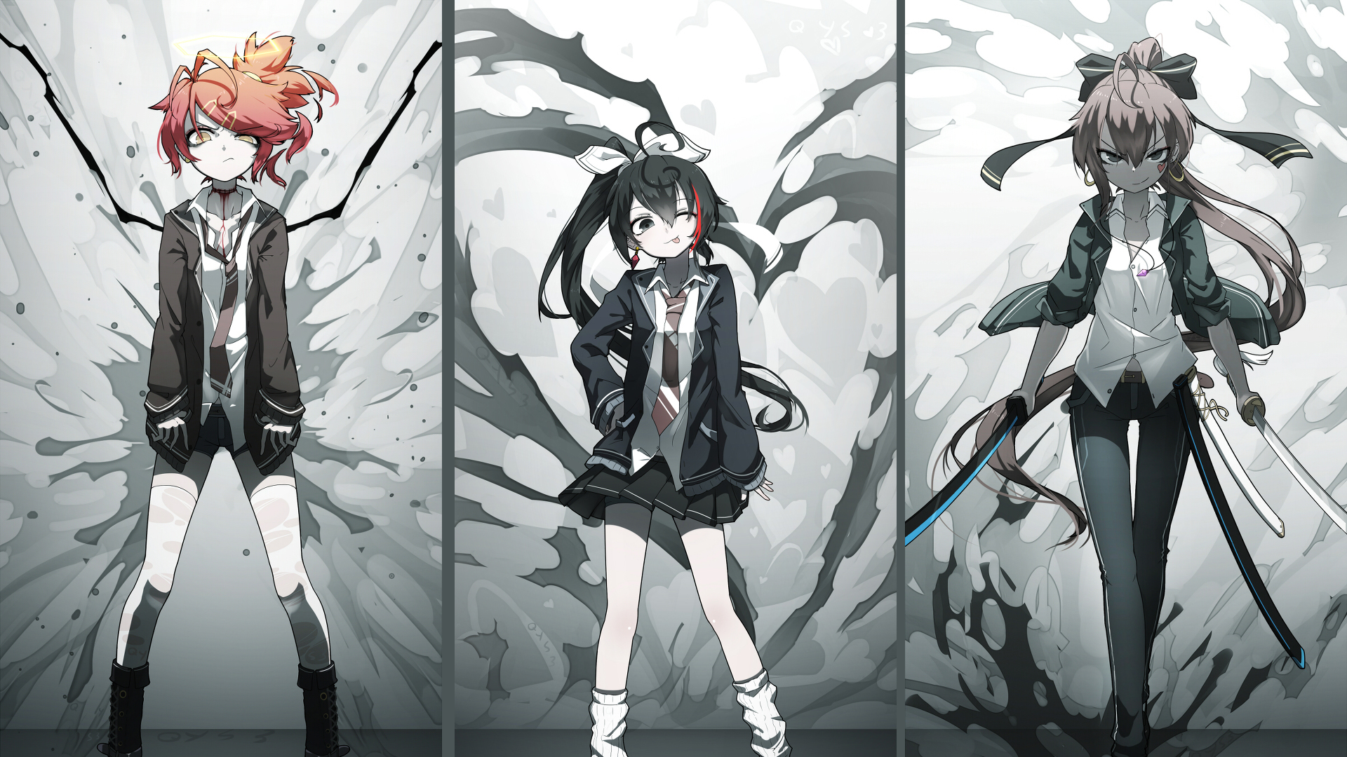 Three anime girls in school uniforms with weapons HD Wallpaper